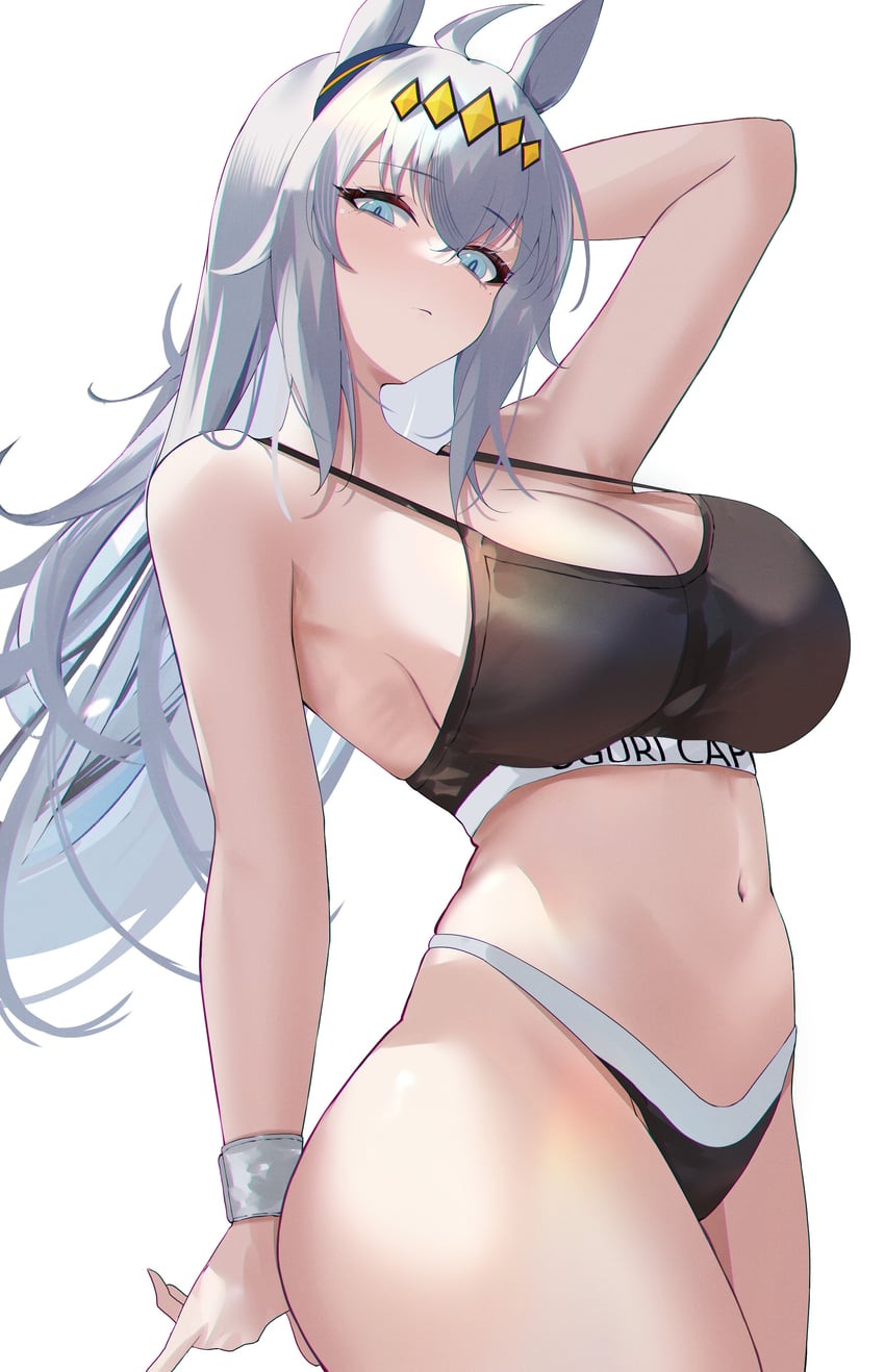 1girls, animal ears, black bra, blue eyes, female, female only, gray hair, long hair, musicatopos, oguri cap (umamusume), umamusume, umamusume pretty derby