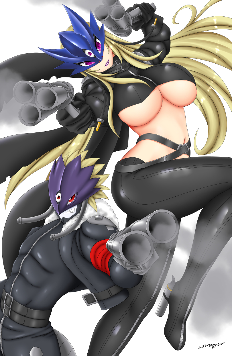 1boy 1girls 3_eyes beelstarmon beelzemon belt biker blonde_hair breasts clothed demon digimon digimon_(species) digimon_tamers dual_wielding female grin gun heel_boots heel_gun large_breasts leather leather_pants lipstick long_hair male mask multi_eye purple_eyes red_eyes seven_great_demon_lords smile somegu underboob