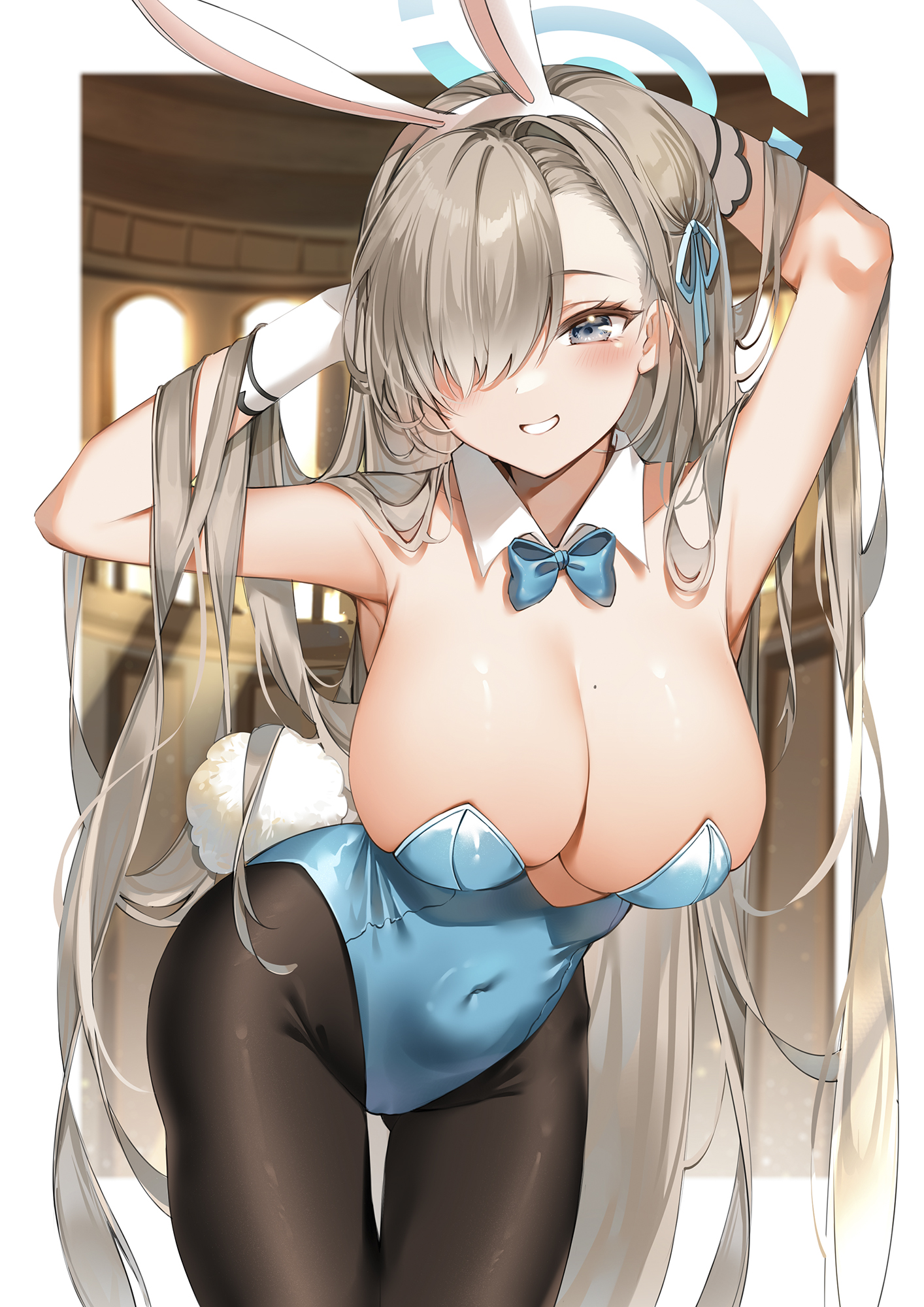 1girls, 2021, absurdres, animal ears, asuna (blue archive), asuna (bunny) (blue archive), blue archive, blue leotard, blush, breasts, brown legwear, bunny ears, bunny girl, bunny tail, bunnysuit, cleavage, detached collar, fake animal ears, female, female focus, female only, gloves, hair over one eye, hanging breasts, highleg, highleg leotard, highres, large breasts, leaning forward, leotard, light brown hair, millennium science school student, mole, mole on breast, playboy bunny, rabbit ears, solo, solo female, solo focus, strapless, strapless leotard, white gloves, yukineko1018