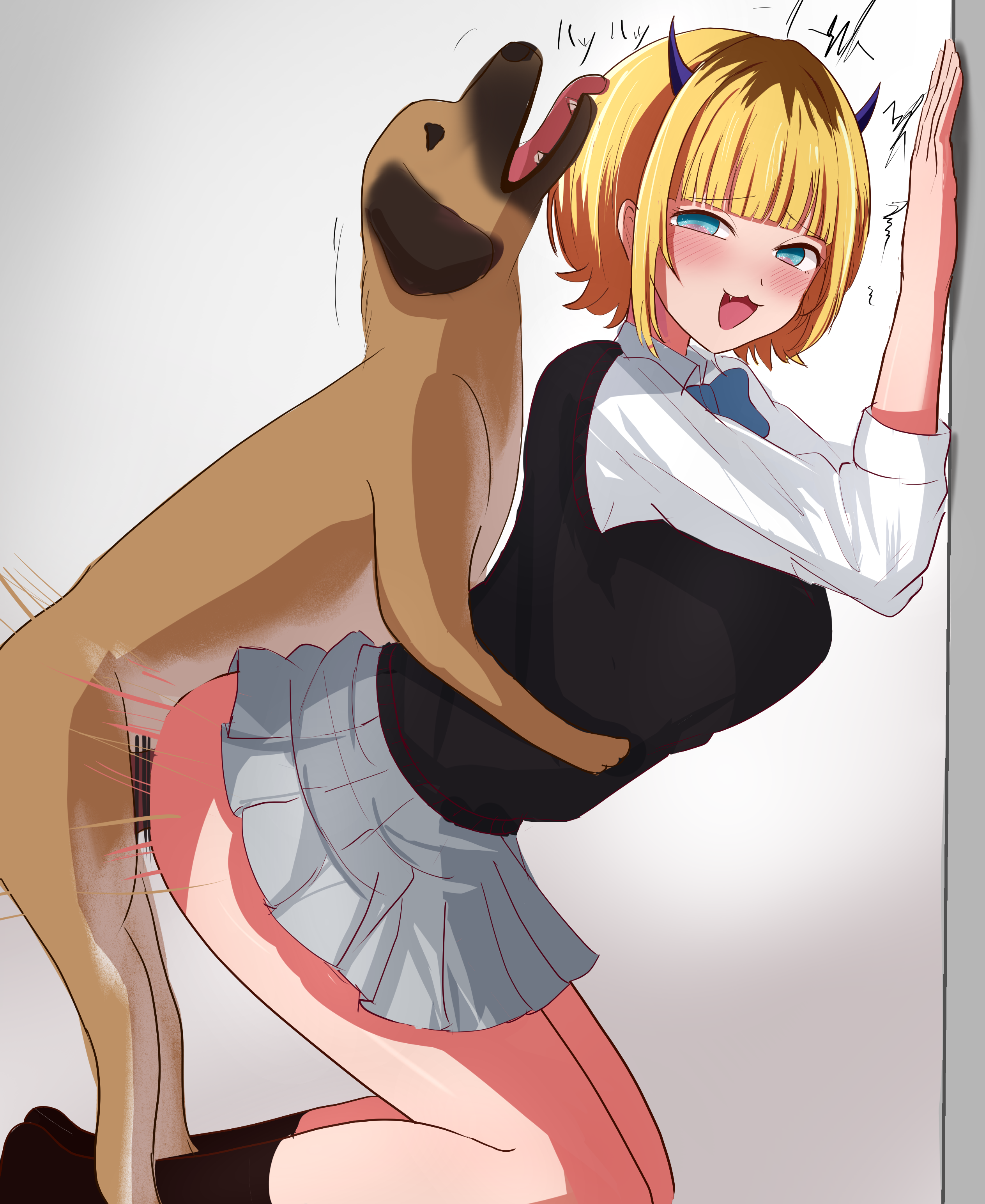 1boy, 1girls, 2d, against wall, bangs, bestiality, blonde hair, blue eyes, blush, blushing at viewer, canid on humanoid, canine, canine on human, clothed, clothed sex, dog, domestic dog, female, female on feral, feral, feral on female, feral on human, feral penetrating, feral penetrating human, human, human female, human on feral, human penetrated, interspecies, looking at viewer, loving it, memcho, miniskirt, oshi no ko, pale skin, pale-skinned female, penetration, pleasure face, ponpoko232, sex, skirt, smile, smiling at viewer, zoophilia