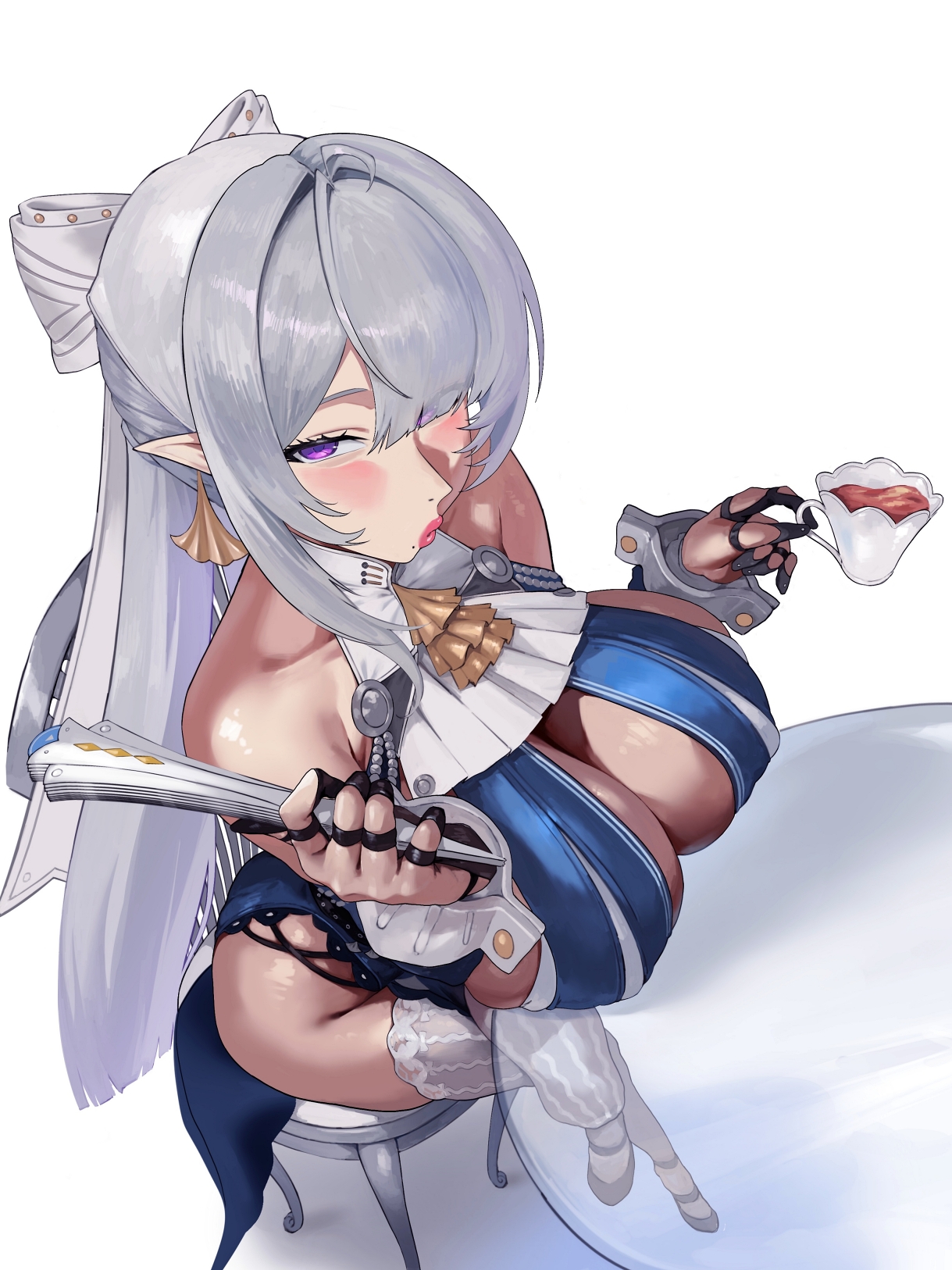 big breasts, blush, breasts on table, cup, grdrawww, huge breasts, legs crossed, long nails, looking at viewer, plump lips, pointy ears, puckered lips, purple eyes, sitting, thighhighs, velina (zenless zone zero), velina airgid, white background, white hair, wide hips, zenless zone zero