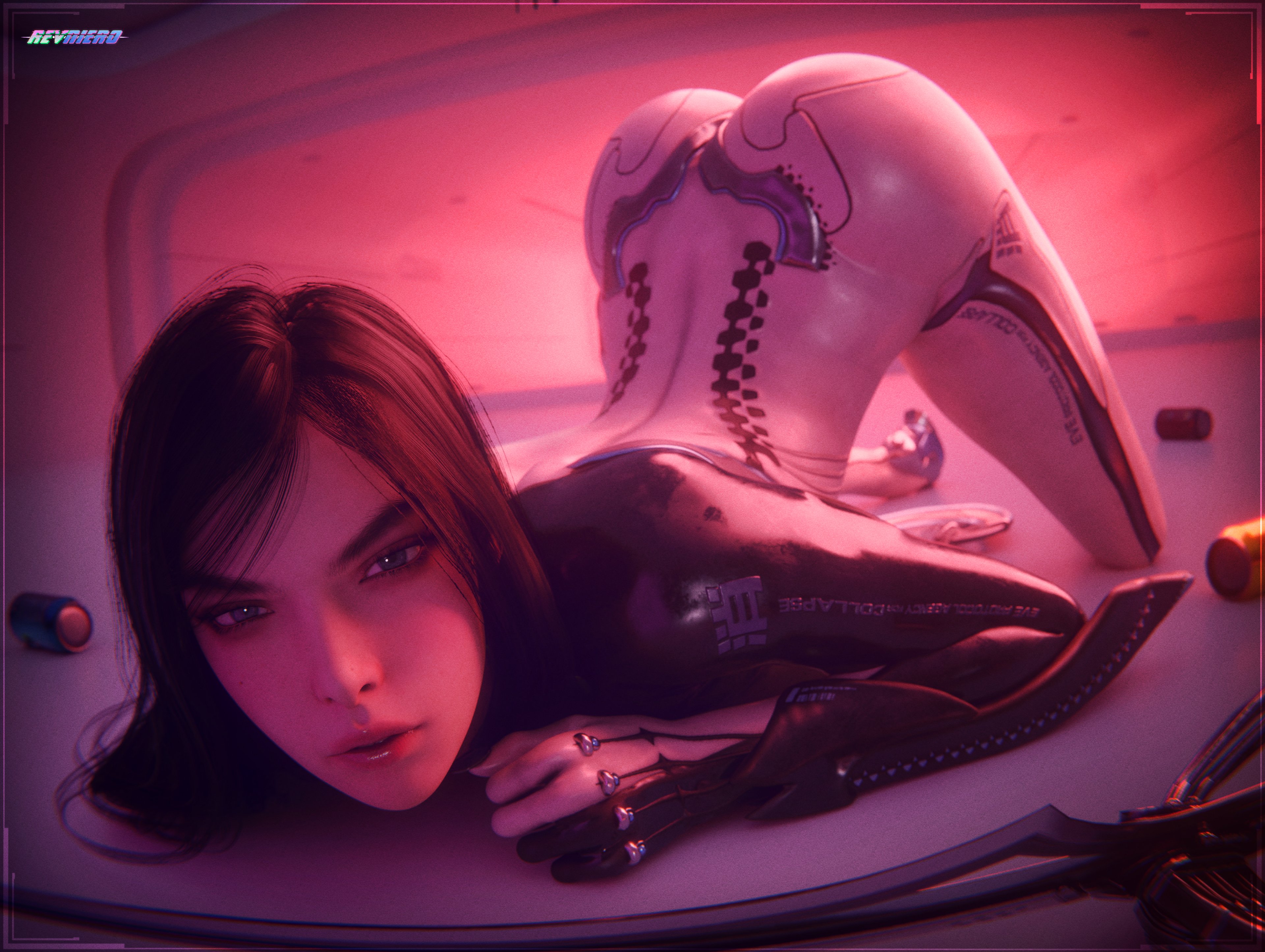 1girls, 3d, arched back, armor, ass, black hair, blender, blue eyes, bodysuit, bubble butt, clothed, clothed female, eyelashes, female, female only, high heels, light skin, logo, long hair, looking at viewer, makeup, on knees, presenting, raven (stellar blade), revniero3d, soda, stellar blade, sword, video games, watermark, weapon