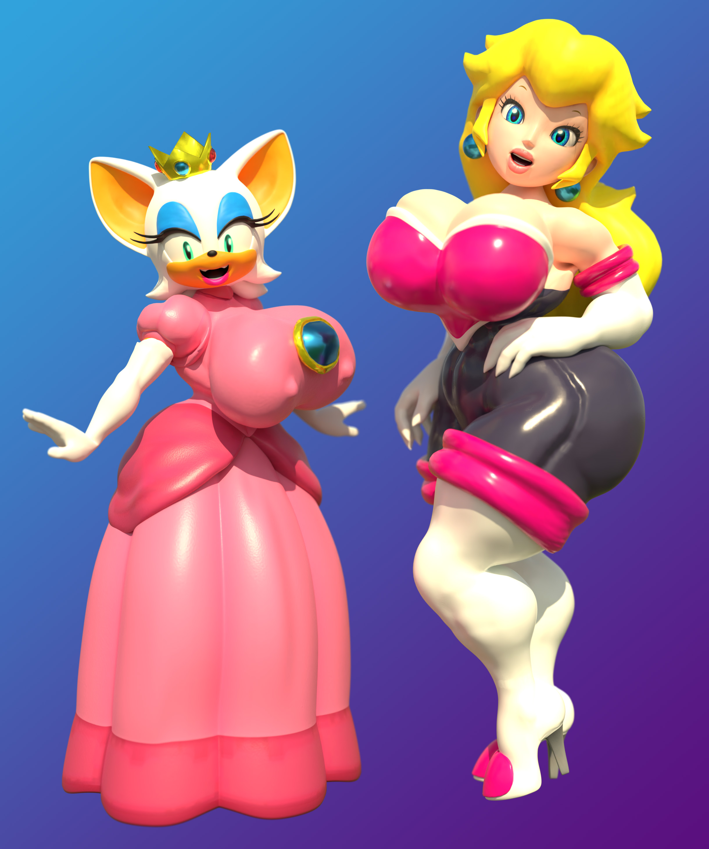 2girls, 3d, 3d (artwork), anthro, ass, bat, blender, blonde hair, blue background, blue eyes, blue eyeshadow, breasts, cleavage, clothing, clothing swap, crossover, crossover cosplay, crown, dress, duo, earrings, female, female only, full body, fully clothed, furry, gradient background, high heels, huge ass, huge breasts, kabalmystic (style), light skin, light-skinned female, looking at viewer, mario (series), mobian, mobian (species), mobian bat, multiple females, multiple girls, nintendo, open mouth, outfit swap, pink dress, pink lipstick, princess, princess dress, princess peach, princess peach (cosplay), rouge the bat, rouge the bat (cosplay), sega, shocking (artist), simple background, smile, smiling at viewer, sonic (series), sonic the hedgehog (series), standing, tagme, teal eyes, thick thighs, thighhighs, tight clothing, white fur