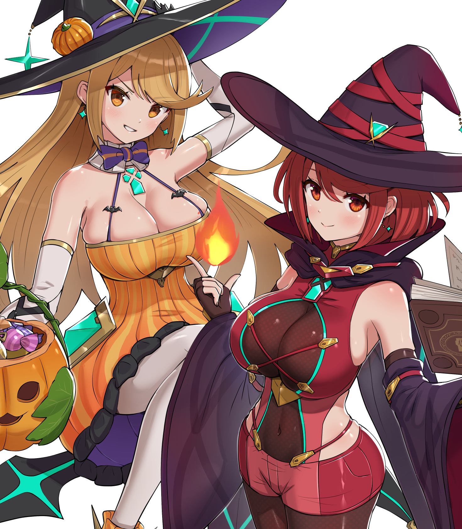 2021, 2girls, arm up, bangs, belly button, blonde hair, bowtie, breasts, candy, cleavage, core crystal, detached collar, detached sleeves, earrings, female, female focus, female only, fire, gold eyes, gonzarez, halloween, hat, hi res, huge breasts, large hat, latex, leggings, light blush, long hair, looking at viewer, magic, mythra, nintendo, orange clothing, pumpkin, pyra, red clothing, red eyes, red hair, sheer legwear, short hair, simple background, sitting, smile, spellbook, swept bangs, thick thighs, thighs, tight clothing, tight fit, tights, white background, white leggings, witch, witch costume, witch hat, xenoblade (series), xenoblade chronicles 2