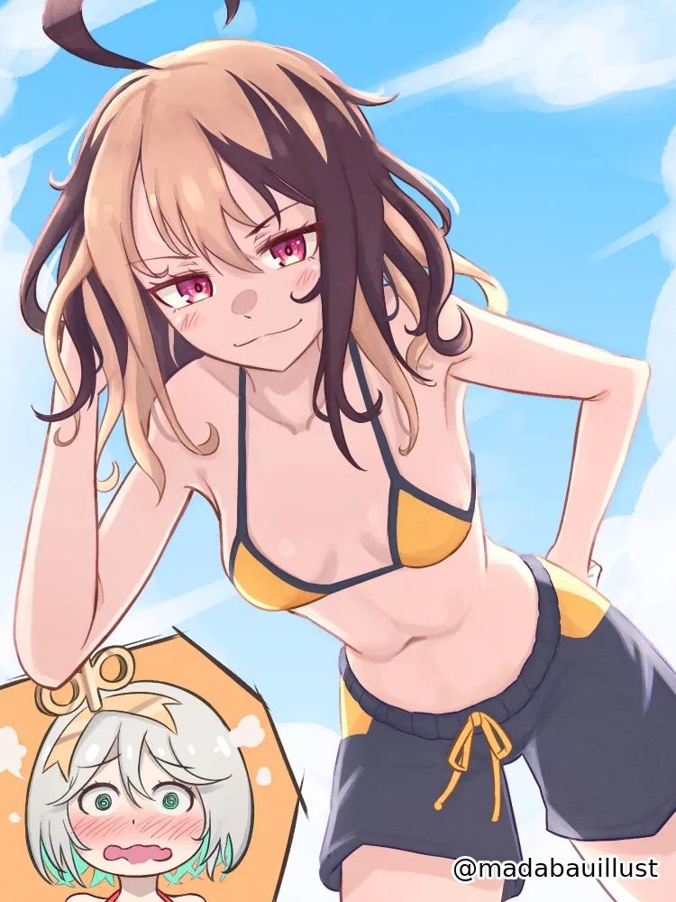 2d, 2d (artwork), 2d artwork, 2girls, ahoge, armpit, armpit crease, armpit peek, armpits, belly, belly button, bent forward, bent over, bikini, bikini top, black shorts, blush face, blush lines, blushing, blushing at viewer, blushing female, blushing lines, breasts, brown hair, brown-haired female, cecilia immergreen, closed mouth smile, collarbone, day, daylight, daytime, digital, digital art, digital drawing, digital drawing (artwork), digital media, digital media (artwork), drawing, elbows, exposed, eyebrows visible through hair, female, female focus, female only, female pov, fingers, first person perspective, first person view, flushed, flushed face, from below view, from front, front view, gigi murin, grin, grinning, grinning at viewer, groin, hair between eyes, hairless armpits, half naked, half nude, halterneck, hololive, hololive english, hololive english -justice-, lean figure, leaning, leaning forward, light brown hair, light brown-haired female, light-brown hair, long hair, looking at viewer, low angle view, low-angle shot, madabauillust, midriff, multicolored hair, multiple females, multiple girls, naked, naked female, naked woman, narrow waist, navel, nude, nude female, nudity, ocean background, outdoor, outdoor background, outdoor nudity, outdoors, outside, outside nudity, partially undressed, petite, petite body, petite breasts, petite female, petite girl, petite tits, pink eyes, pink-eyed female, portrait, pov, pov female, sea, sea background, seaside, semi nude, shaved armpits, shorts, shoulders, sky background, slender body, slender waist, slim female, slim waist, small boobs, small breasts, small tits, smile, smiley face, smiling, smiling at viewer, smug, smug expression, smug eyes, smug face, smug grin, smug smile, split-color hair, standing, string bikini, swimsuit, swimwear, thigh gap, thighs, tiny breasts, tiny tits, top view, two tone hair, two-tone hair, upper body, view from below, viewed from below, viewer perspective, virtual youtuber, vtuber, vtuberfanart, walking, walking towards viewer, yellow bikini, yellow bikini top, yellow swimsuit, yellow swimwear