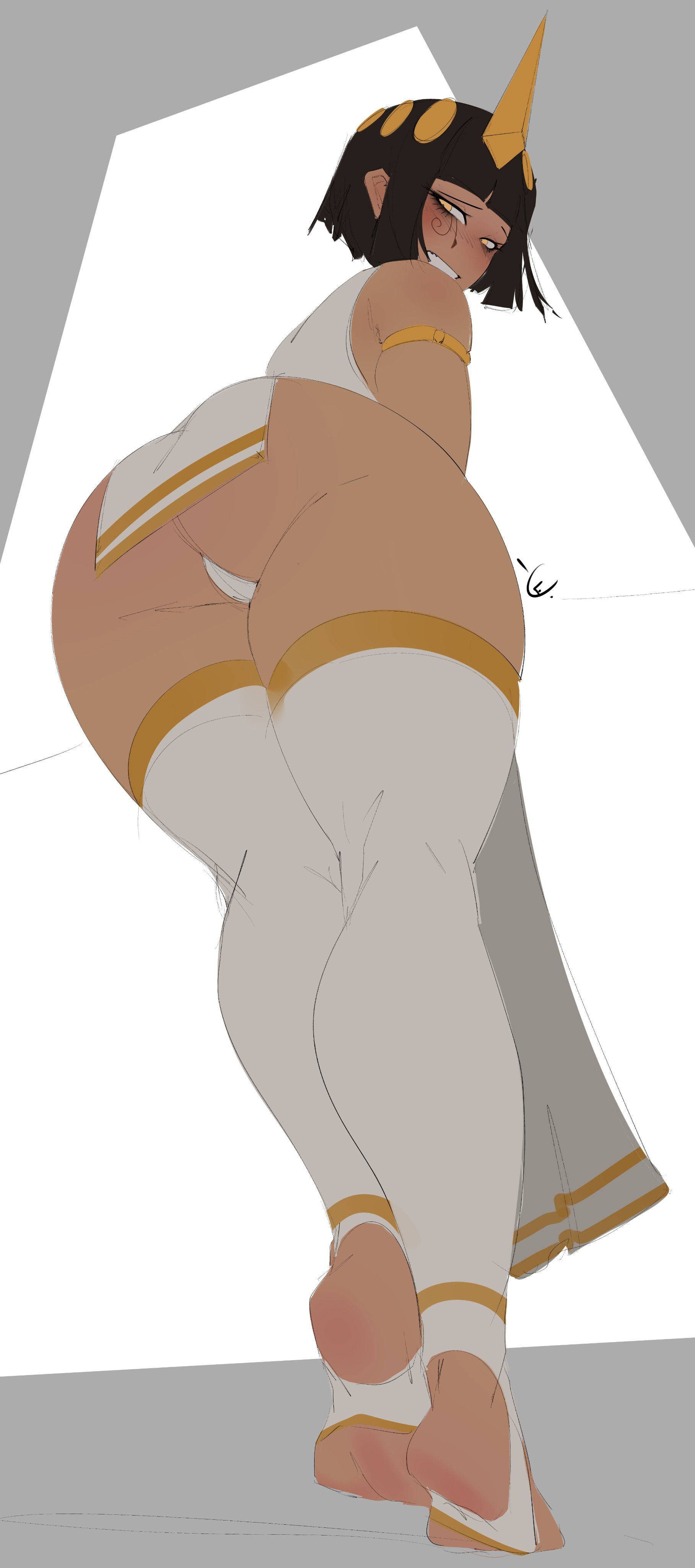 ancient egypt, ancient egyptian clothes, ass, ass focus, big ass, brown hair, cursedequinox, dark skin, egyptian, egyptian mythology, female, gold jewelry, oc, original, original character, smile, stirrup legwear