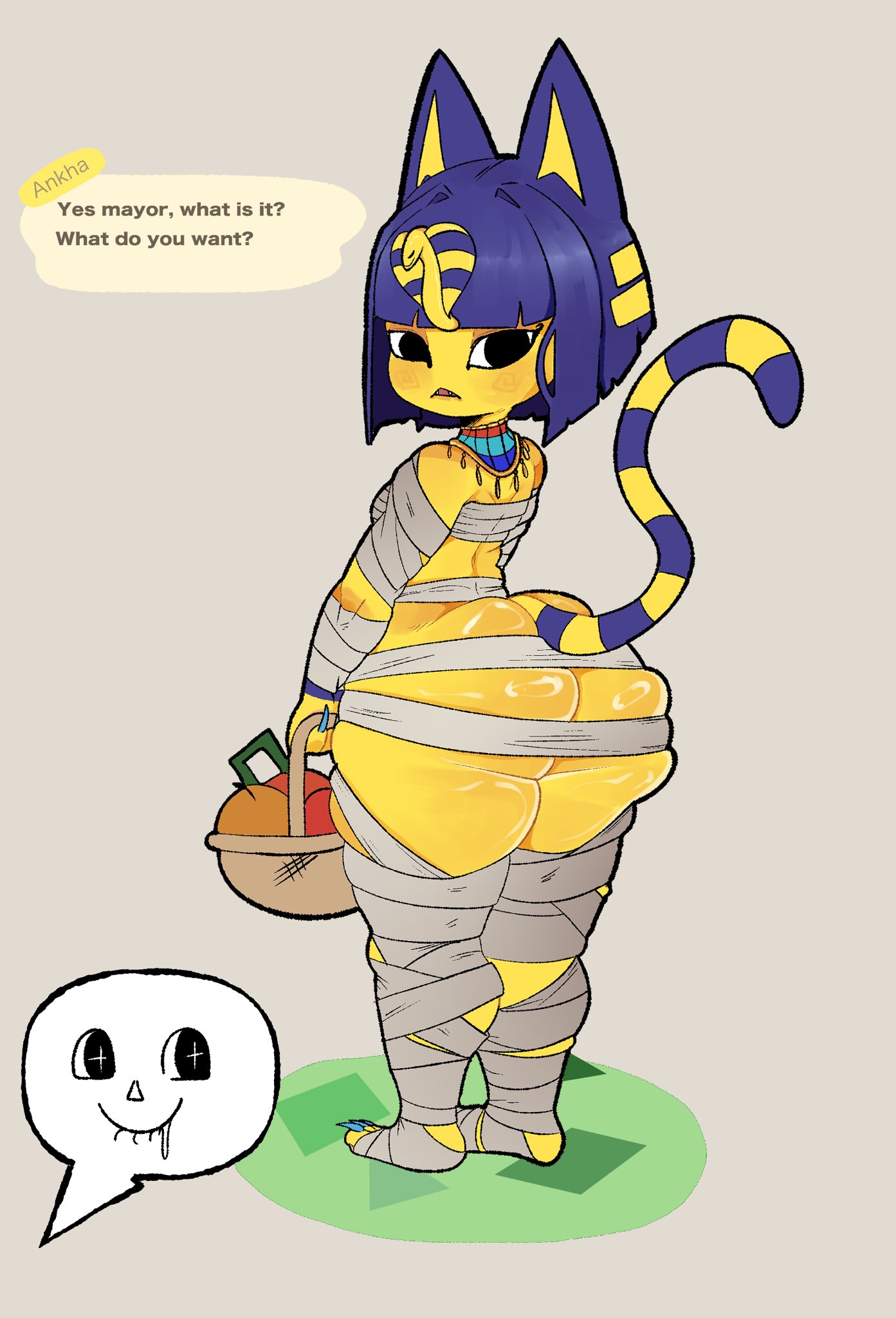 1girls, animal crossing, ankha, ankha (animal crossing), anthro, ass, blue hair, cat ears, cat tail, catgirl, dialogue, egyptian, female, furry, looking at viewer, looking back, meweeze, tail, text, thick thighs, wide hips, yellow fur
