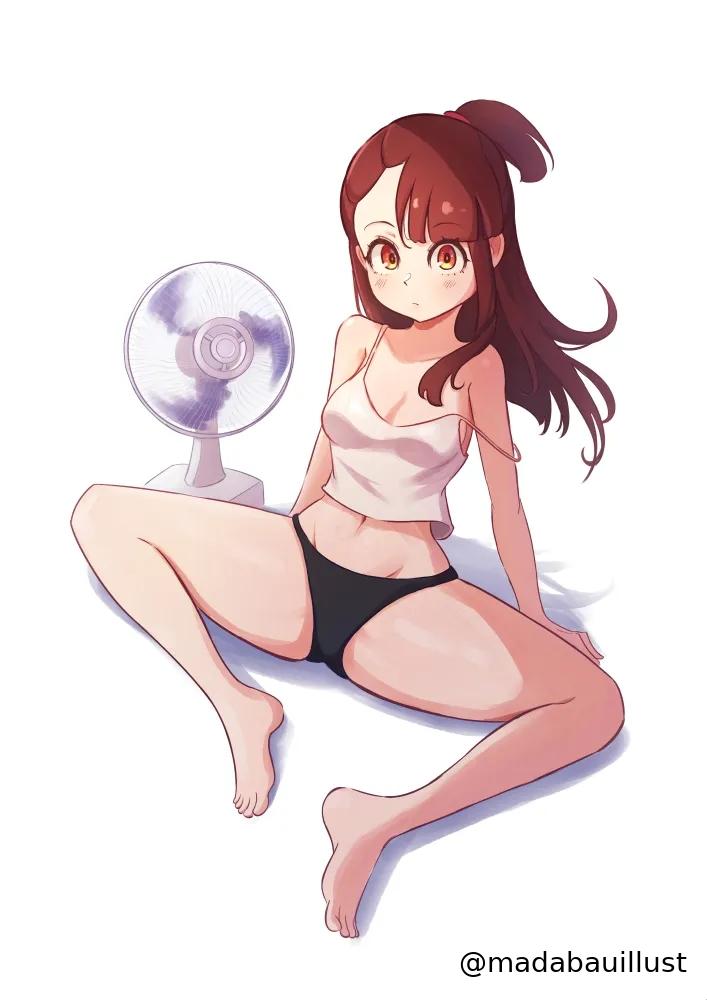 1girls, 2d, 2d (artwork), 2d artwork, anime, anime character, ankles, arm support, asian, asian female, asian girl, asymmetrical bangs, atsuko kagari, background, bare arms, bare calves, bare chest, bare hands, bare hips, bare knees, bare legs, bare navel, bare shoulders, bare skin, bare soles, bare thighs, bare toes, barefoot, belly, belly button, black panties, black underwear, blank background, breasts, brown hair, brown-haired female, calves, cleavage, collarbone, digital, digital art, digital drawing, digital drawing (artwork), digital media, digital media (artwork), drawing, exposed arms, exposed chest, exposed hips, exposed legs, exposed navel, exposed shoulders, exposed skin, exposed thighs, exposed toes, eyebrows visible through hair, fan, fanart, feet, female, female focus, female only, fingers, from above, from below view, full body, full body view, groin, high-angle shot, inguinal crease, inguinal ligament, japanese, japanese female, japanese girl, knees, lean figure, legs, legs apart, legs spread, little witch academia, long hair, looking at viewer, looking up, looking up at viewer, low angle view, low-angle shot, madabauillust, medium breasts, midriff, monotone background, narrow waist, navel, no shoes, one color background, panties, petite, petite body, petite breasts, petite female, petite girl, petite tits, plain background, ponytail, portrait, red eyes, red-eyed female, short ponytail, shoulders, sitting, sitting on ass, sitting on floor, sitting on ground, slender body, slender waist, slim female, slim waist, solid color background, solo, spread legs, spreading legs, spreading thighs, studio trigger, tank top, teen girl, teenage female, teenage girl, teenager, thick thighs, thighs, tied hair, toes, topwear, underwear, view from below, viewed from above, viewed from below, white background, white tank top, white topwear, wide hips, witch, young female, young woman