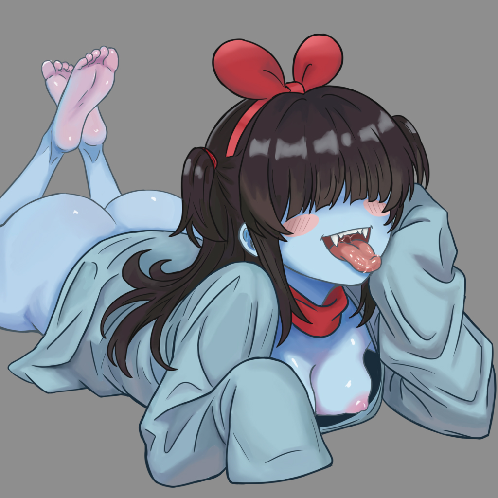 1girl ahegao aqua_(deltarune) artlongon ass_focus barefoot black_hair blue_skin blush bottomless bottomless_dress breast_slip breasts breasts_out butt_crack dark_hair deltarune deltarune_chapter_5 downblouse drooling fangs feet_up female from_above hair_bow large_breasts legs_up light_blue_skin long_tongue lying monster_girl nipple_slip nipples no_panties open_mouth open_shirt oversized_shirt pigtails pink_nipples prone red_bow red_ribbon saliva soles solo tongue_out twintails unbuttoned_shirt