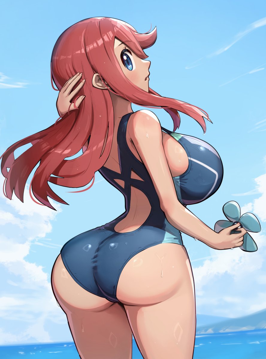 1girls, alternate costume, alternate hairstyle, ass, blue eyes, breasts, busty, clouds, colored, curvy, gamefreak, gonzarez, hair ornament, huge ass, huge breasts, looking at viewer, looking back, nintendo, ocean, one-piece swimsuit, pokemon, pokemon bw, red hair, sky, skyla (pokemon), swimsuit, tagme, thick thighs, thighs, water