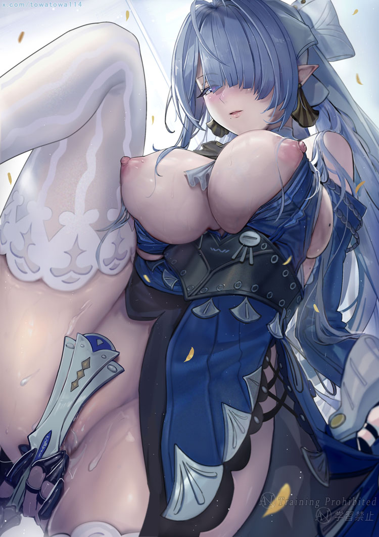 1girl, blue dress, breasts, covering privates, dress, folding fan, from below, grey hair, hand fan, holding, holding fan, huge breasts, huge thighs, knee up, large breasts, leg up, long hair, looking at viewer, mole, mole on breast, mole under mouth, nipples, no panties, pointy ears, purple eyes, pussy juice, solo, thick thighs, thighhighs, towatowa114, velina airgid, white thighhighs, zenless zone zero