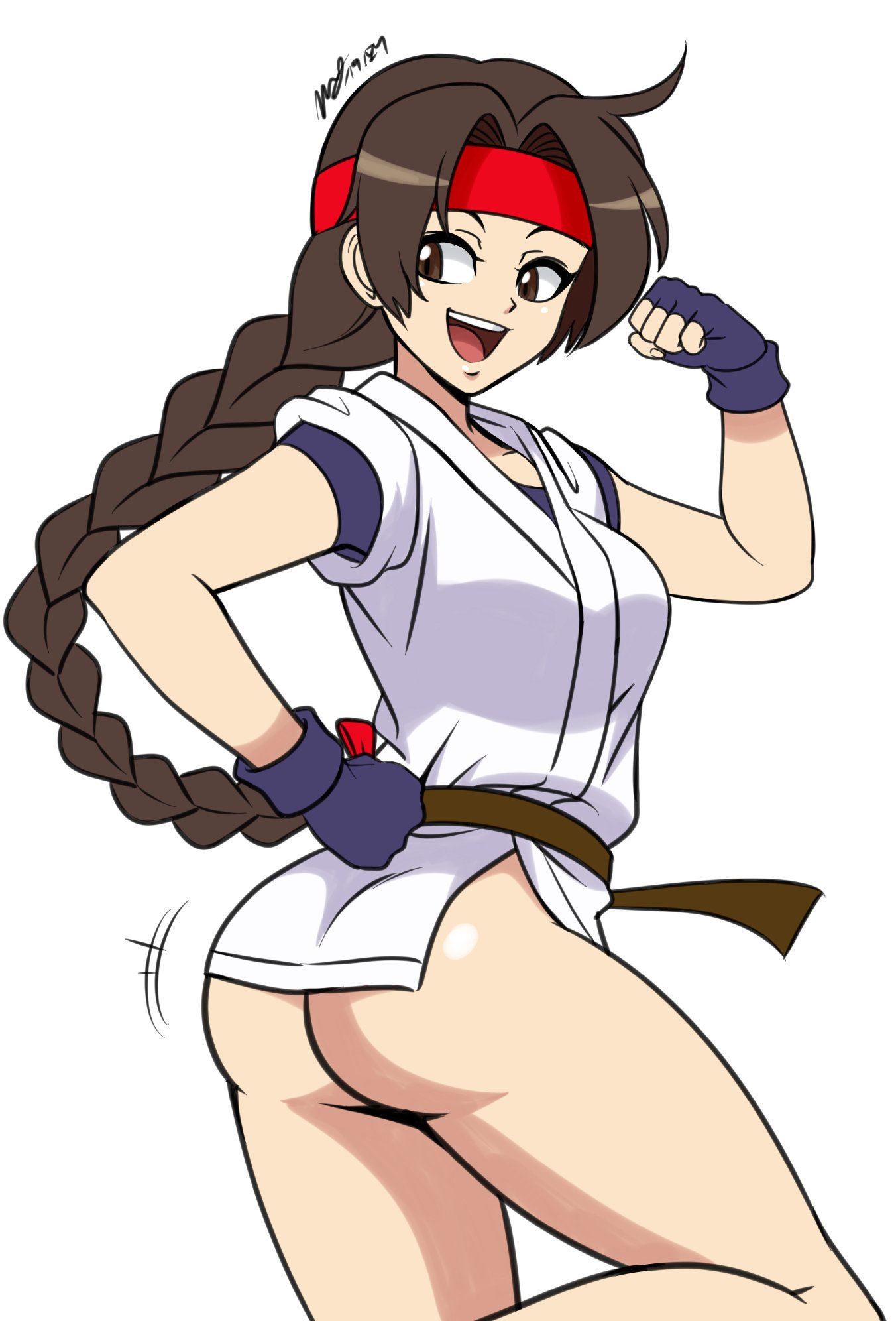art of fighting, ass, ass crack, badonkadonk, bare ass, bare thighs, big ass, big butt, booty, braid, brown eyes, brunette, bubble ass, bubble butt, butt crack, exposed ass, female, female only, gloves, half naked, hand on hip, headband, king of fighters, long legs, looking at viewer, mergeritter, mooning, naked ass, naked from the waist down, pantsless, plump ass, presenting ass, presenting butt, ready to fuck, smile, smooth skin, snk, solo, thick ass, thick thighs, thighs, victory pose, yuri sakazaki