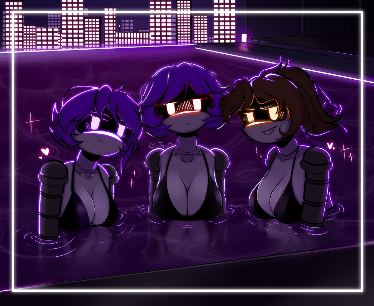 3girls, alice (murder drones), bikini, black bikini, boobs, breasts, brown hair, female focus, female only, females, murder drones, nori (murder drones), pool, purple eyes, purple hair, red eyes, robots, skyscraper, thewalle, yeva (murder drones)