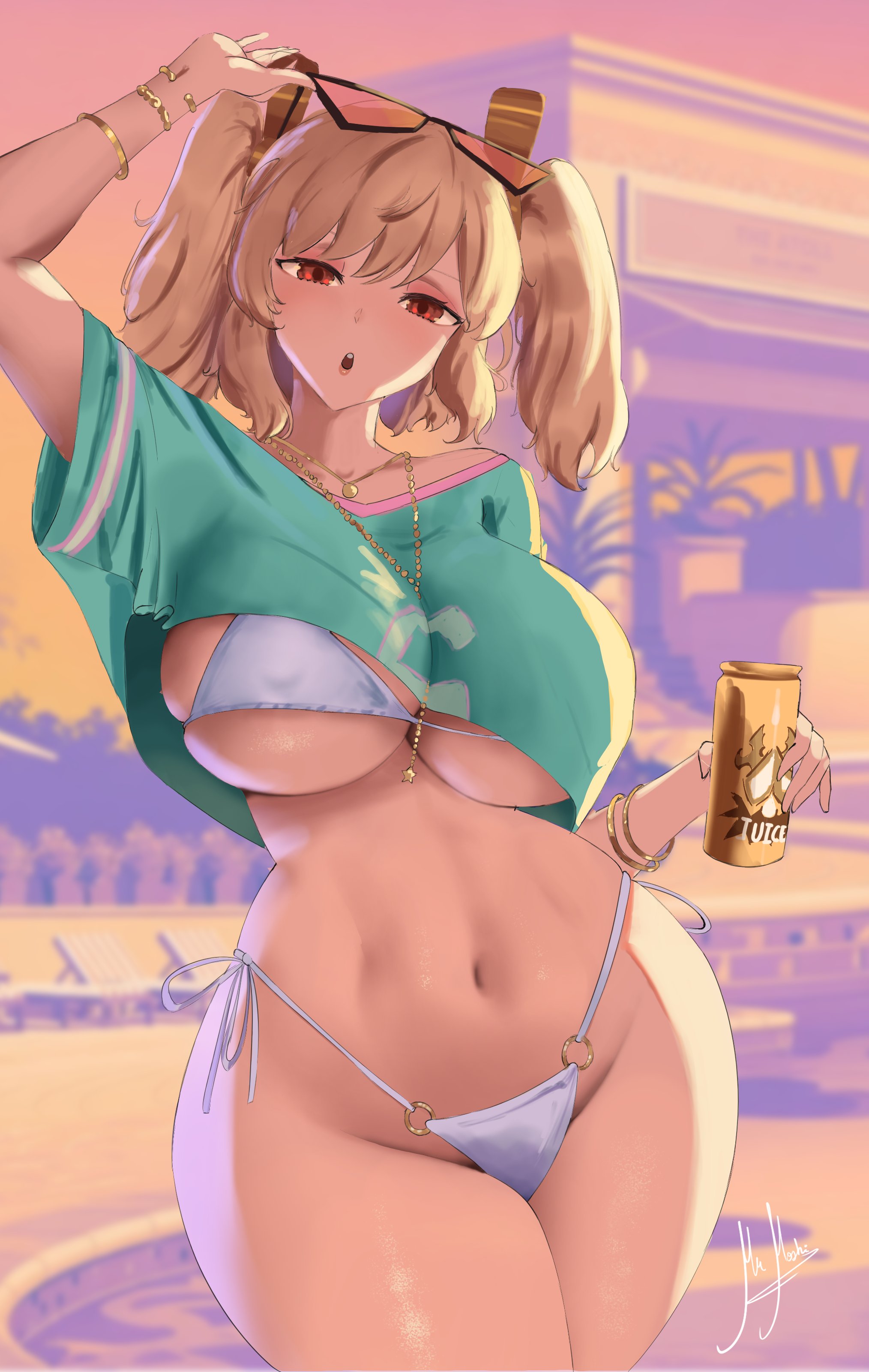 1girl, 1girls, 2d, 2d (artwork), adjusting eyewear, areolae visible through clothing, artist name, artist signature, beautiful, beautiful female, beautiful girl, beautiful woman, belly, big boobs, big breasts, bikini, blonde hair, boobs, bracelet, bracelets, breasts, burnice white, can, cosplay, crop top, curvaceous, curvaceous body, curvaceous female, curvaceous figure, curvy, curvy body, curvy female, curvy figure, curvy hips, detailed background, drink, eyewear on head, female, female focus, female only, grand theft auto, grand theft auto vi, gta vi cover girl, high resolution, highleg, highleg bikini, highres, holding object, hoshimoshinl, hot, large boobs, large breasts, light skin, light-skinned female, nearly nude, necklace, o-ring, o-ring bikini, open mouth, pose, posing, red eyes, rockstar games, sexy, sexy body, sexy female, sexy pose, solo, solo female, solo focus, summer, sunglasses, sunglasses on head, thin waist, tummy, twintails, voluptuous, voluptuous body, voluptuous female, watermark, white bikini, zenless zone zero