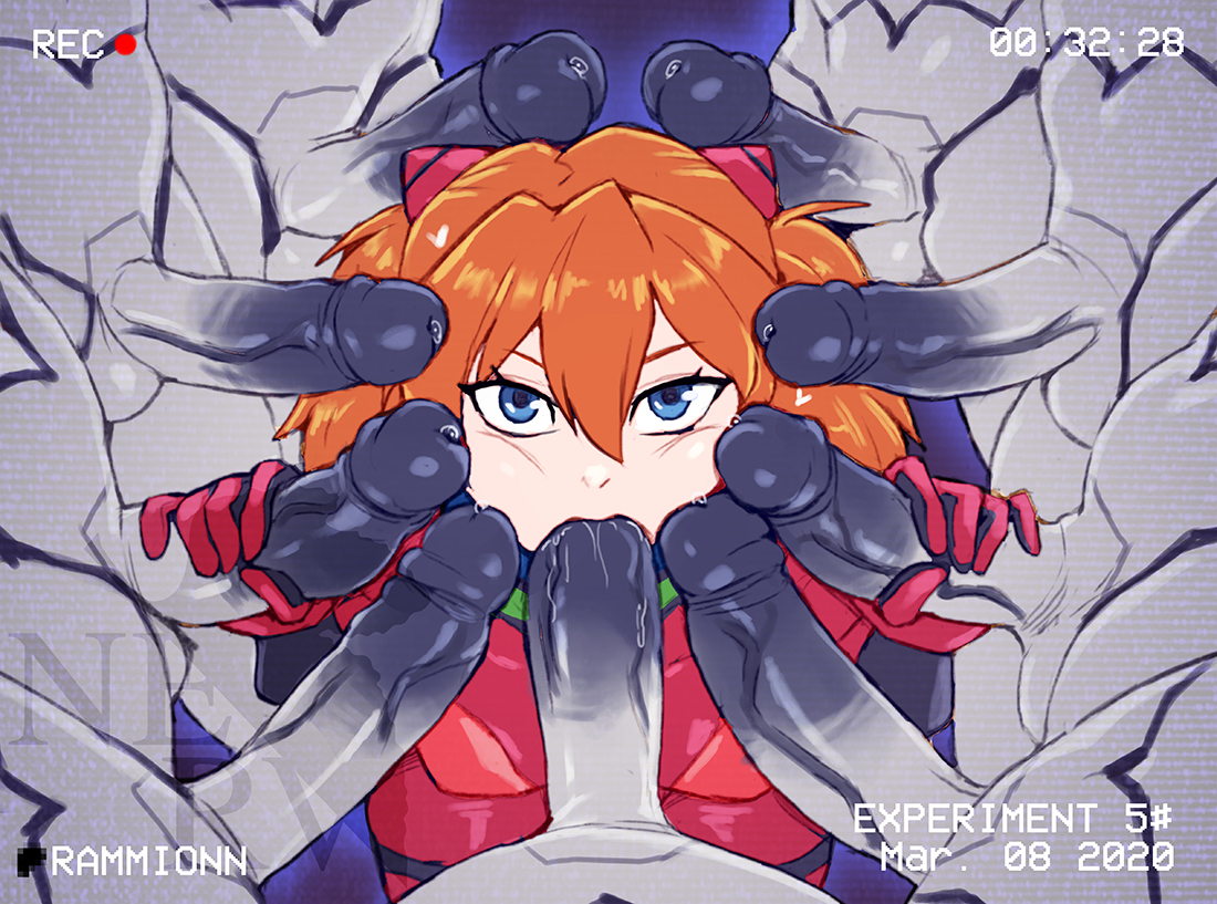 1girls, 9boys, asuka langley sohryu, blowbang, blowjob, blue eyes, camera pov, cock on face, double handjob, evangelion, female, monster, monster cock, on knees, pale-skinned female, plugsuit, pov eye contact, rammionn, redhead, straight, surrounded by penises, twintails