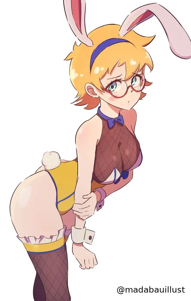 1girls, 2d, 2d (artwork), 2d artwork, anime, anime character, ashamed, average breasts, background, blank background, blue bowtie, blue eyes, blue hairband, blue-eyed female, blush face, blush lines, blushing, blushing at viewer, blushing female, blushing lines, bowtie, breasts, brown legwear, brown stockings, brown thigh highs, brown thighhighs, bunny costume, bunny ears, bunny tail, bunnygirl, bunnygirl outfit, bunnysuit, circle glasses, circular glasses, cleavage, cyan eyes, cyan-eyed female, digital, digital art, digital drawing, digital drawing (artwork), digital media, digital media (artwork), drawing, emarrassed, embarrassed expression, embarrassed female, fanart, female, female focus, female only, fingers, fishnet legwear, fishnet stockings, fishnet thigh highs, fishnet thighhighs, flushed, flushed face, flustered, flustered female, ginger, ginger hair, glasses, glasses on face, glasses on head, groin, hairband, hand on arm, hand on own arm, lean figure, leaning, leaning forward, legwear, leotard, little witch academia, looking at viewer, lotte jansson, madabauillust, medium breasts, monotone background, narrow waist, one color background, orange hair, orange hair female, orange-haired female, petite, petite body, petite female, petite girl, plain background, portrait, posing, posing for the viewer, round glasses, semi-rimless eyewear, semi-rimless glasses, short hair, shoulders, slender body, slender waist, slim female, slim waist, solid color background, solo, standing, stockings, studio trigger, thigh highs, thighhighs, thighs, topwear, touching arm, under-rim eyewear, under-rim glasses, upper body, white background, white bunny ears, white hairband, white wrist cuffs, witch, wrist cuffs, yellow bunnysuit, yellow leotard, yellow topwear