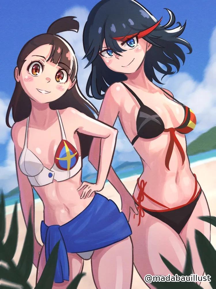2d, 2d (artwork), 2d artwork, 2girls, anime, anime character, armpits, asian, asian female, asian girl, asian woman, asymmetrical bangs, atsuko kagari, average breasts, bare armpits, bare arms, bare belly, bare chest, bare hands, bare hips, bare legs, bare midriff, bare navel, bare shoulders, bare skin, bare thighs, beach, beach background, beach setting, belly, belly button, bikini, bikini bottom, bikini only, bikini top, black bikini, black bikini bottom, black bikini top, black hair, black swimsuit, black swimwear, black-haired female, blue eyes, blue sky background, blue-eyed female, blush face, blush lines, blushing, blushing at viewer, blushing female, blushing lines, breasts, breasts apart, brown hair, brown-haired female, busty, busty female, busty girl, busty teen, cleavage, closed mouth smile, collarbone, confident, confident expression, confident female, confident pose, confident smile, confident stare, crossover, crossover pairing, curvaceous, curvaceous body, curvaceous female, curvaceous figure, curvaceous hips, curvy, curvy body, curvy female, curvy figure, curvy hips, curvy teen, day, daylight, daytime, digital, digital art, digital drawing, digital drawing (artwork), digital media, digital media (artwork), drawing, duo, elbows, exposed armpits, exposed arms, exposed belly, exposed chest, exposed hips, exposed legs, exposed midriff, exposed navel, exposed shoulders, exposed skin, exposed thighs, eyebrows visible through hair, fanart, female, female focus, female only, female protagonist, female torso, fingers, fit female, flushed, flushed face, from front, front view, groin, hair between eyes, halterneck, hand on hip, hand on own hip, hand on own waist, hand on waist, head tilt, high school student, hourglass figure, inframammary fold, japanese, japanese female, japanese girl, japanese woman, kill la kill, lean figure, legs closed, legs together, linea alba, little witch academia, long hair, looking at viewer, madabauillust, matoi ryuuko, medium breasts, medium hair, midriff, multicolored hair, multiple females, multiple girls, narrow waist, navel, ocean background, outdoor, outdoor background, outdoor nudity, outdoors, outside, outside nudity, parted lips, petite, petite body, petite breasts, petite female, petite girl, petite tits, ponytail, portrait, red eyes, red hair, red-eyed female, red-haired female, school girl, sea, sea background, seaside, short hair, short ponytail, shoulders, side-tie bikini, skindentation, sky background, slender body, slender waist, slim female, slim waist, small boobs, small breasts, small tits, smile, smiley face, smiling, smiling at viewer, standing, stomach, string bikini, studio trigger, summer setting, swimsuit, swimwear, teen girl, teenage female, teenage girl, teenage tits, teenager, thick thighs, thigh gap, thighs, thighs together, tied hair, tilted head, tiny breasts, tiny tits, top view, touching hip, touching waist, upper body, white bikini, white bikini top, white swimsuit, white swimwear, wide hips, witch, young female, young woman