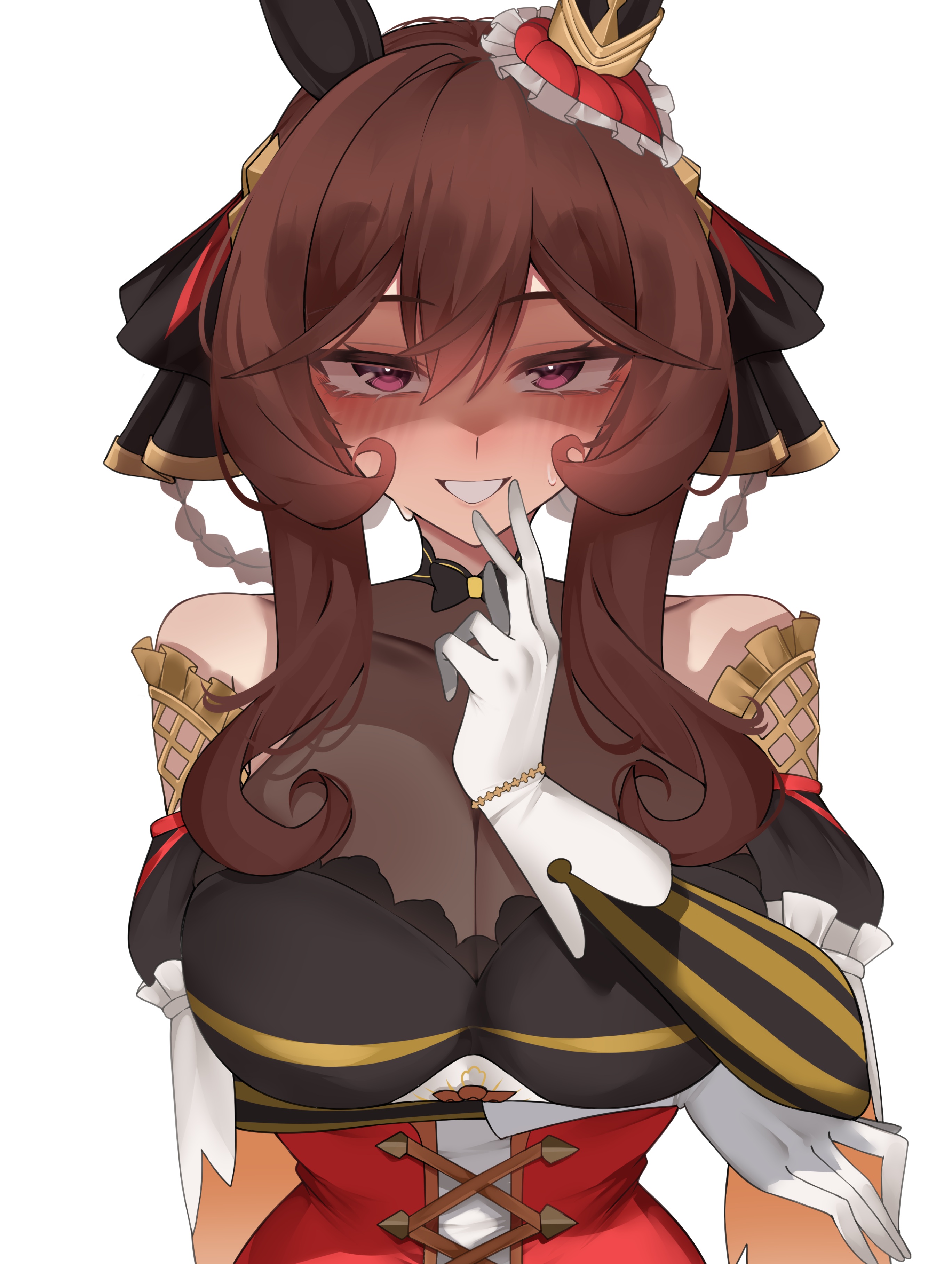 0ha, absurd res, absurdres, arm under breasts, blush, brown hair, busty, cleavage, clothed, finger to mouth, gentildonna (umamusume), gloves, hi res, highres, horse ears, horse girl, large breasts, looking at viewer, purple eyes, ribbon, see-through, see-through top, smile, smiling at viewer, umamusume, umamusume pretty derby, white background, white gloves, xkittyzx