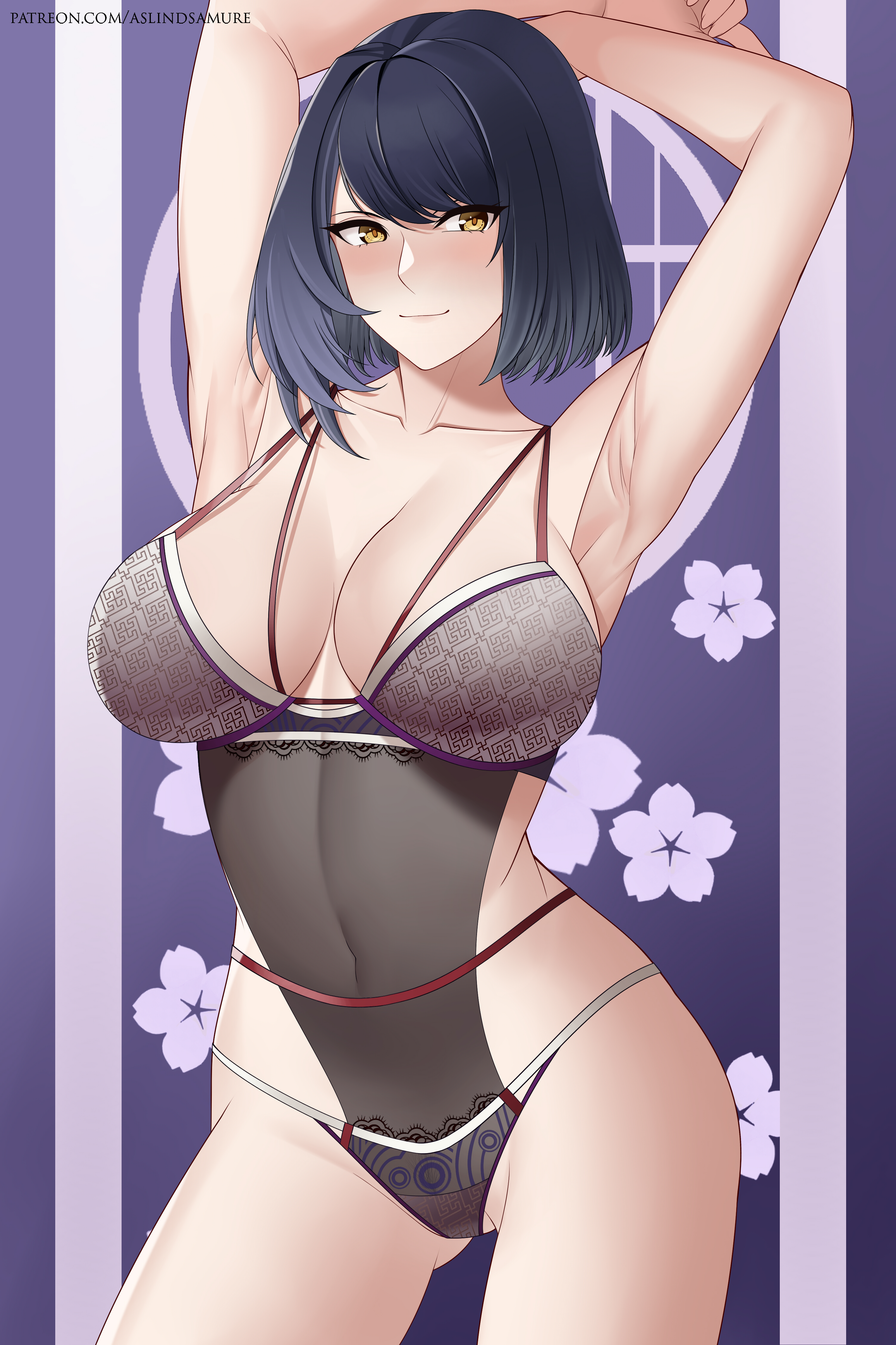 1girls, armpit, armpits, arms behind head, arms up, aslindsamure, blue hair, blush, blushing at viewer, bra strap, cleavage, collarbone, female, female focus, female only, floral background, genshin impact, indigo hair, kujou sara, lingerie, looking at viewer, panties, pubic hair, pubic hair peek, see-through, see-through clothing, see-through panties, short hair, solo, solo female, solo focus, standing, straps, watermark, yellow eyes