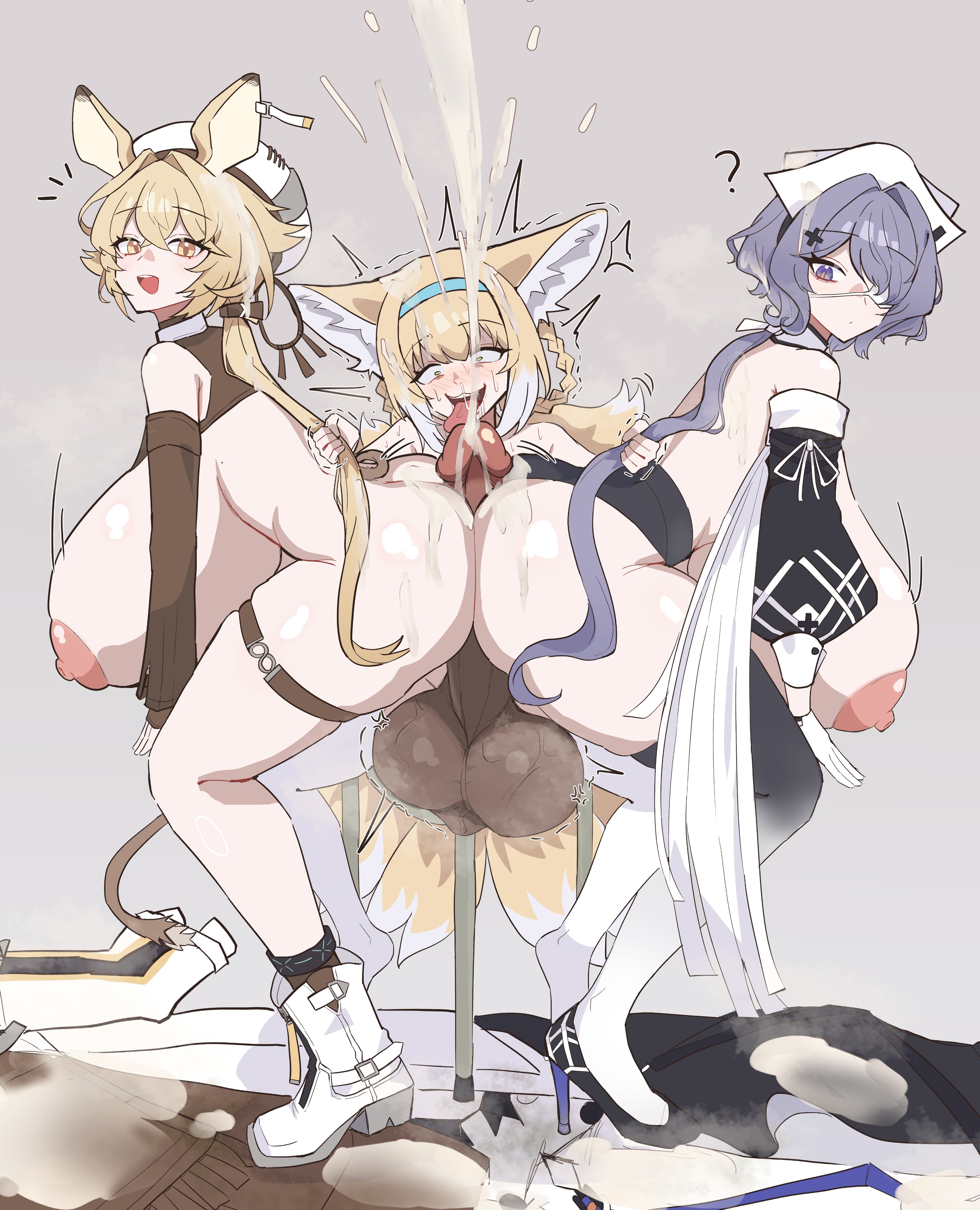 arknights, ass, ass job, assjob, big breasts, cum, dorothy (arknights), ejaculation, female, futanari, heavyrain (arknights), small but hung, small dom big sub, small futa, suzuran (arknights)