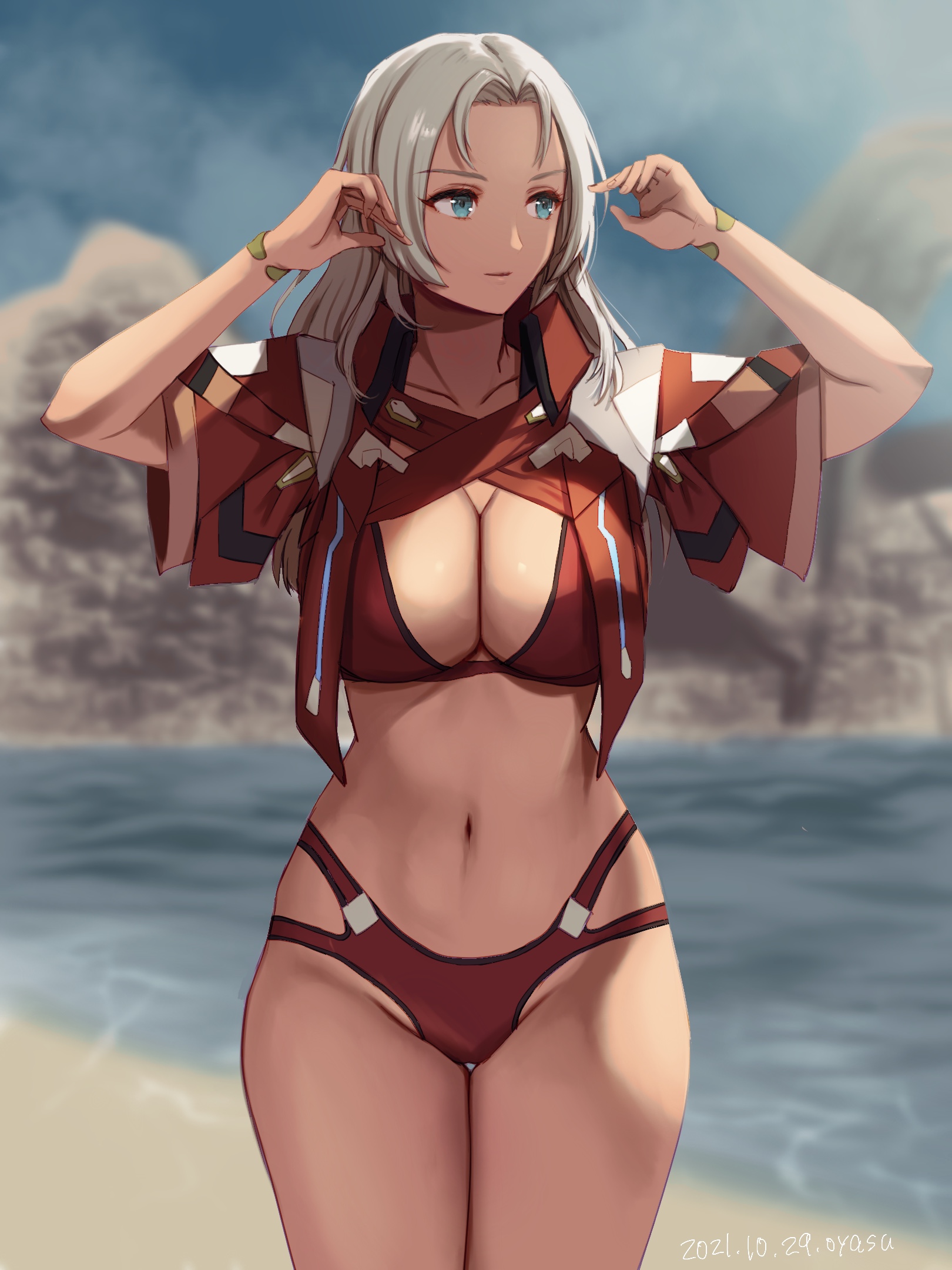 1girls, alternate breast size, beach, bikini, breasts, cleavage, elma (xenoblade x), female, large breasts, nintendo, ocean, oyasu, oyasu (kinakoyamamori), sand, silver hair, solo, swimsuit, xenoblade (series), xenoblade chronicles x