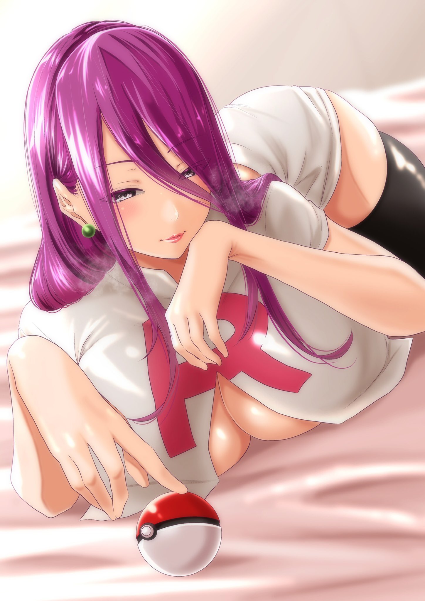 1girls, 2021, alternate breast size, blue eyes, breasts, cleavage, clothed, clothed female, crop top, earrings, female, female only, hair down, hips, huge breasts, human, human only, jessie (pokemon), lipstick, long hair, looking at viewer, lying on bed, moriton, naughty face, pink hair, pokeball, pokemon, pokemon (anime), skirt, slim waist, smile, solo, suggestive look, team rocket, teasing, teasing viewer, thick thighs, thighhighs, thighs, visible breath, white skirt, white topwear, wide hips