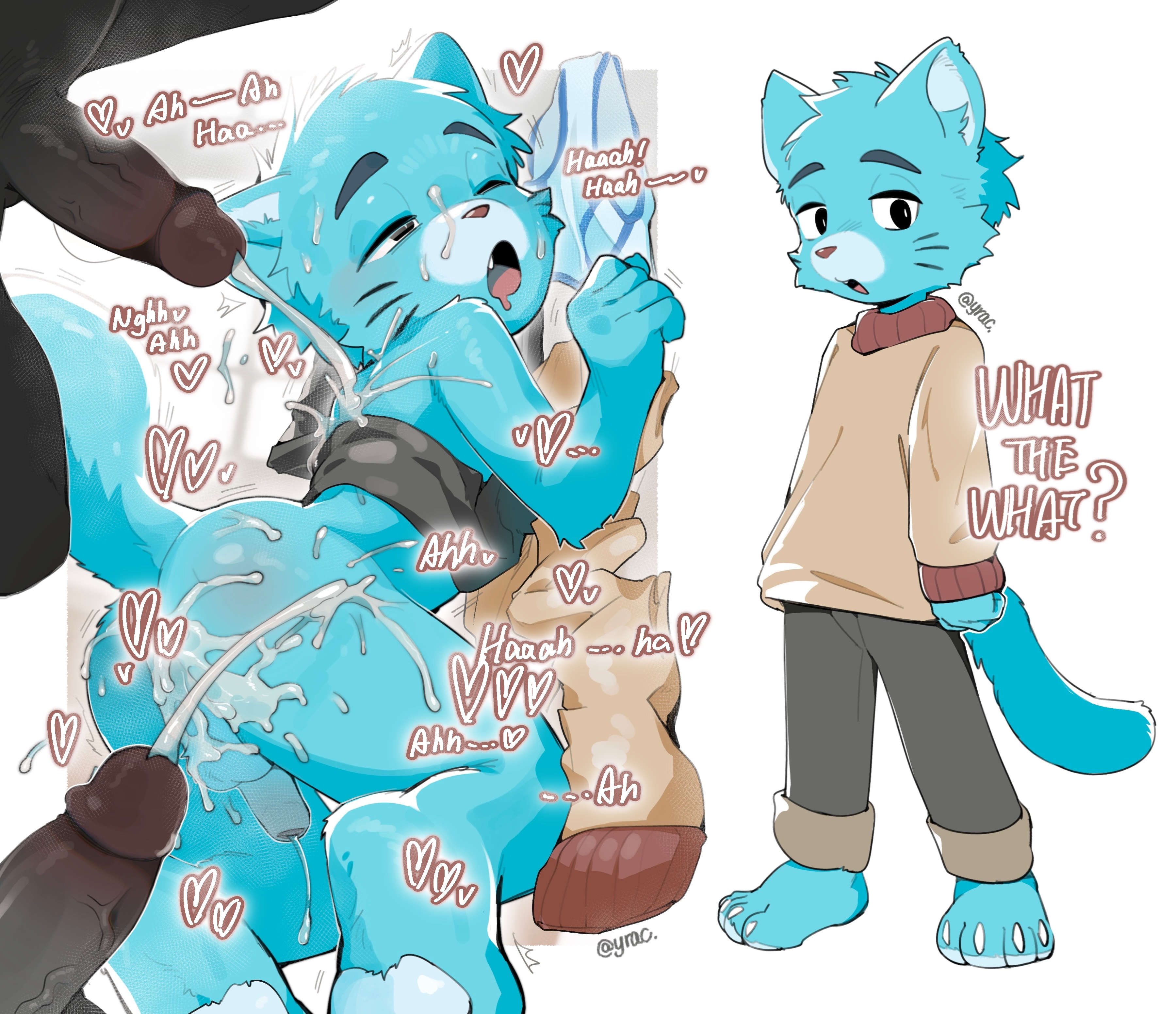 anthro, anthro penetrated, cartoon network, cat, cub, cum, cum on body, feline, gay, gumball watterson, male only, male/male, small penis, tagme, the amazing world of gumball, yaoi, young, yrac