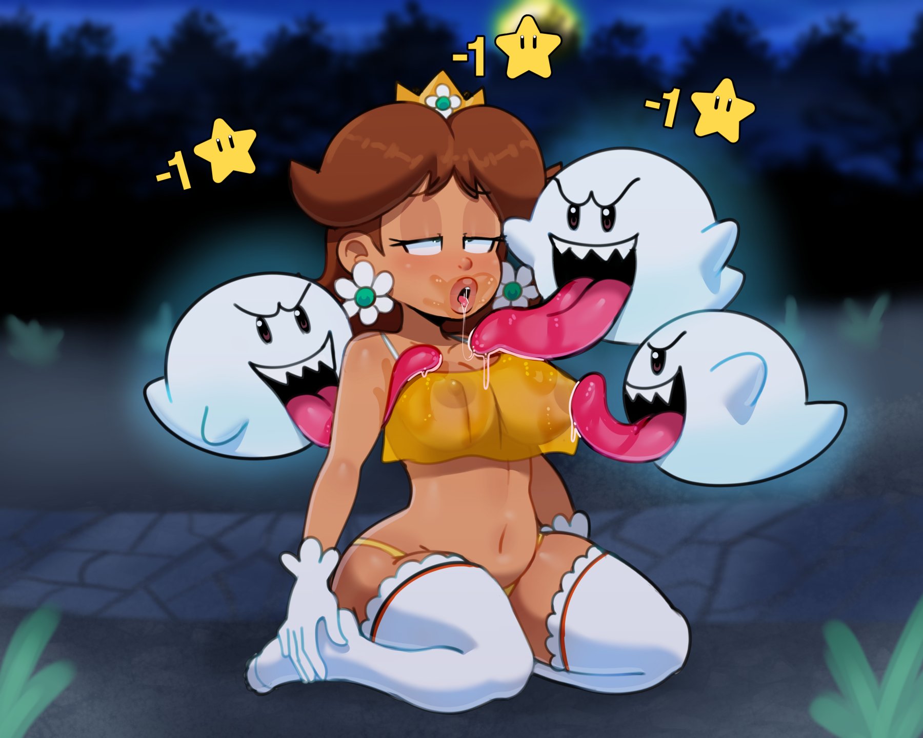 1girls, after kiss, areolae, big breasts, boo (mario), breasts, female, gameplay mechanics, ghost, large breasts, licking, licking armpit, long tongue, mario (series), mario party, mario party 9, monster, nipples, princess daisy, rape, somescrub, thick thighs, tongue, tongue out, wide hips