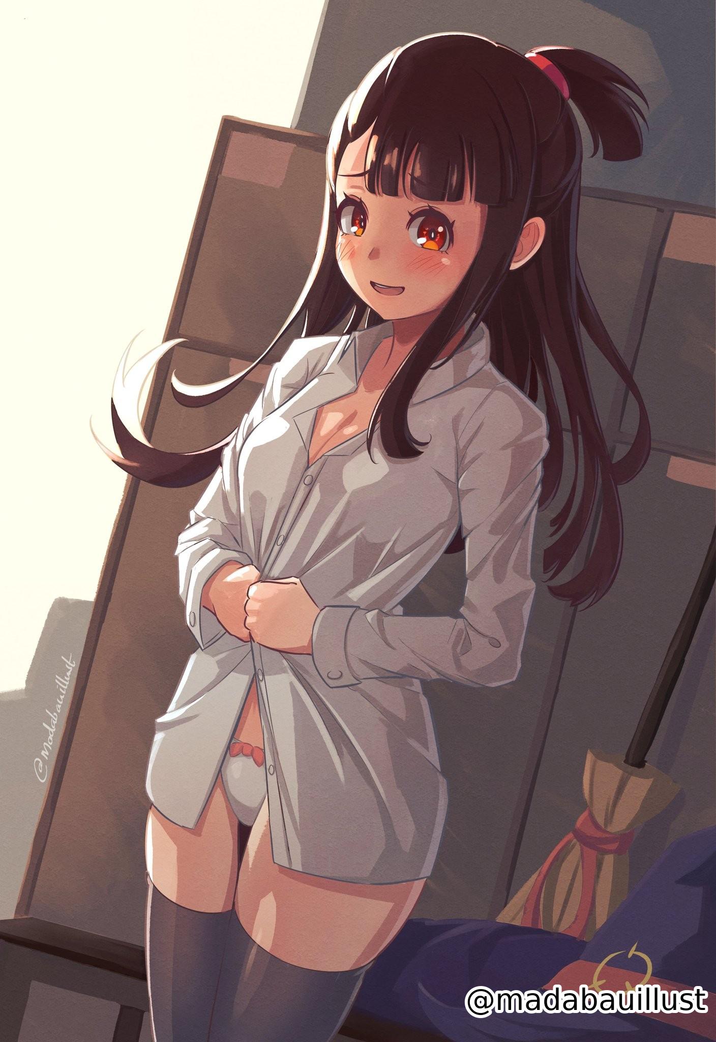 1girls, 2d, 2d (artwork), 2d artwork, anime, anime character, asian, asian female, asian girl, asymmetrical bangs, atsuko kagari, background, black legwear, black stockings, black thigh highs, black thighhighs, blank background, blush face, blush lines, blushing, blushing at viewer, blushing female, blushing lines, breasts, brown hair, brown-haired female, cleavage, digital, digital art, digital drawing, digital drawing (artwork), digital media, digital media (artwork), drawing, fanart, female, female focus, female only, flushed, flushed face, from front, front view, groin, japanese, japanese female, japanese girl, lean figure, legwear, little witch academia, long hair, looking at viewer, madabauillust, medium breasts, monotone background, narrow waist, nervous, nervous expression, nervous face, nervous female, nervous smile, one color background, open mouth, open mouth smile, panties, parted lips, plain background, ponytail, portrait, red eyes, red-eyed female, ribbon panties, shirt, short ponytail, shoulders, shy, shy expression, shy female, shy girl, shy smile, skindentation, slender body, slender waist, slim female, slim waist, smile, smiley face, smiling, smiling at viewer, solid color background, solo, standing, stockings, studio trigger, teen girl, teenage female, teenage girl, teenager, thigh gap, thigh highs, thighhighs, thighs, tied hair, tongue, top view, underwear, upper body, upper teeth, white background, white panties, white shirt, white topwear, white underwear, wide hips, witch, young female, young woman