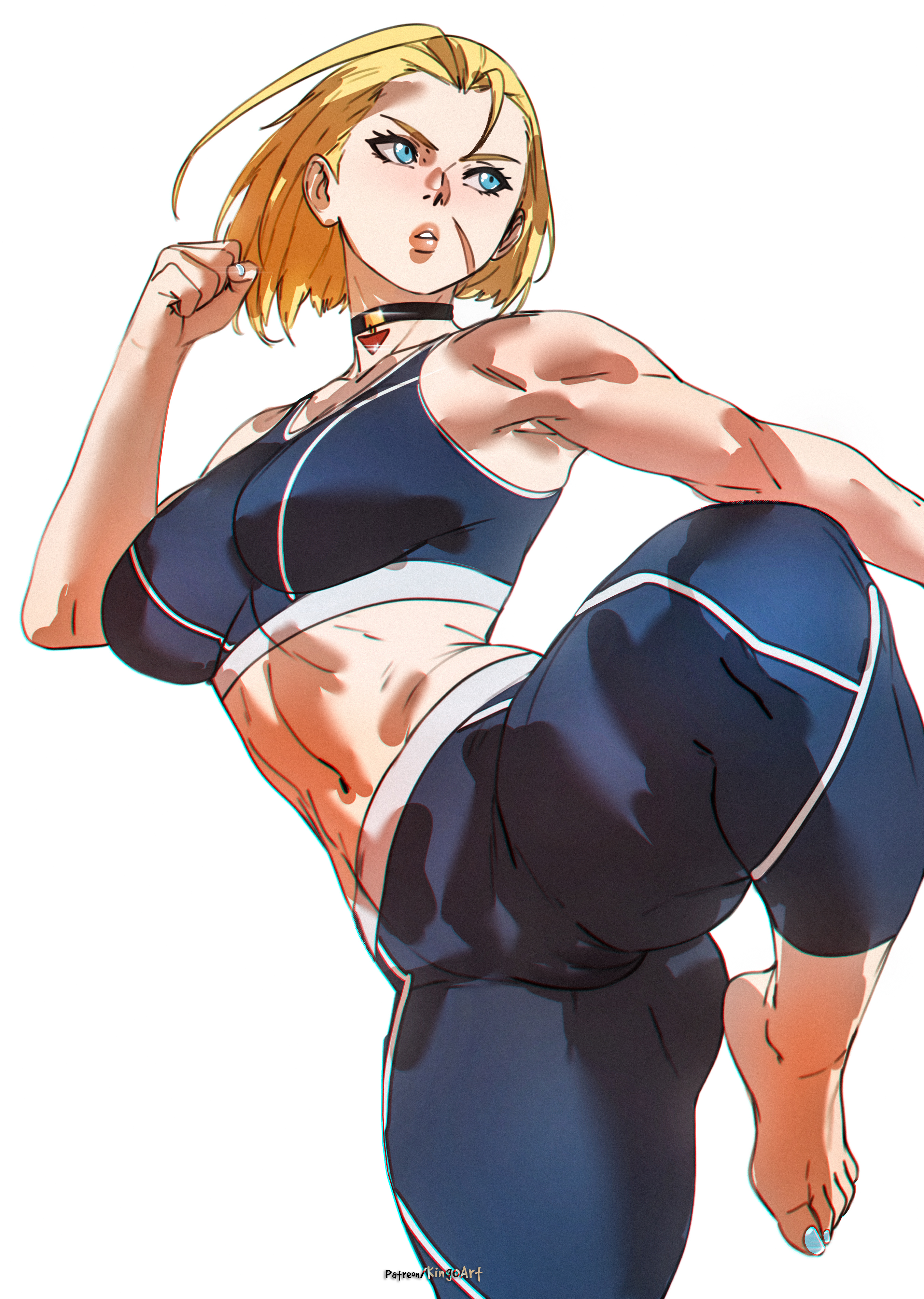 barefoot, blonde hair, blue eyes, blue toenails, cameltoe, cammy white, cammy white (street fighter 6), crop top, feet, female, female only, fighting pose, scar, scar on face, skin tight, street fighter, street fighter 6, yoga pants
