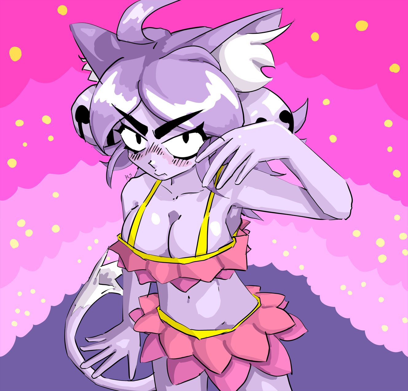 1girls, 2d, 2d artwork, bell, bells, blush, blushing, blushing at viewer, cat ears, cat tail, catgirl, deltarune, deltarune chapter 5, embarrassed, female, female only, irritable ghost (deltarune), looking at viewer, mad dummy, mad mew mew, mew mew (undertale), mew mew kissy cutie, partially clothed, pink (deltarune), purple body, purple hair, purple skin, tagme, tagme (artist)