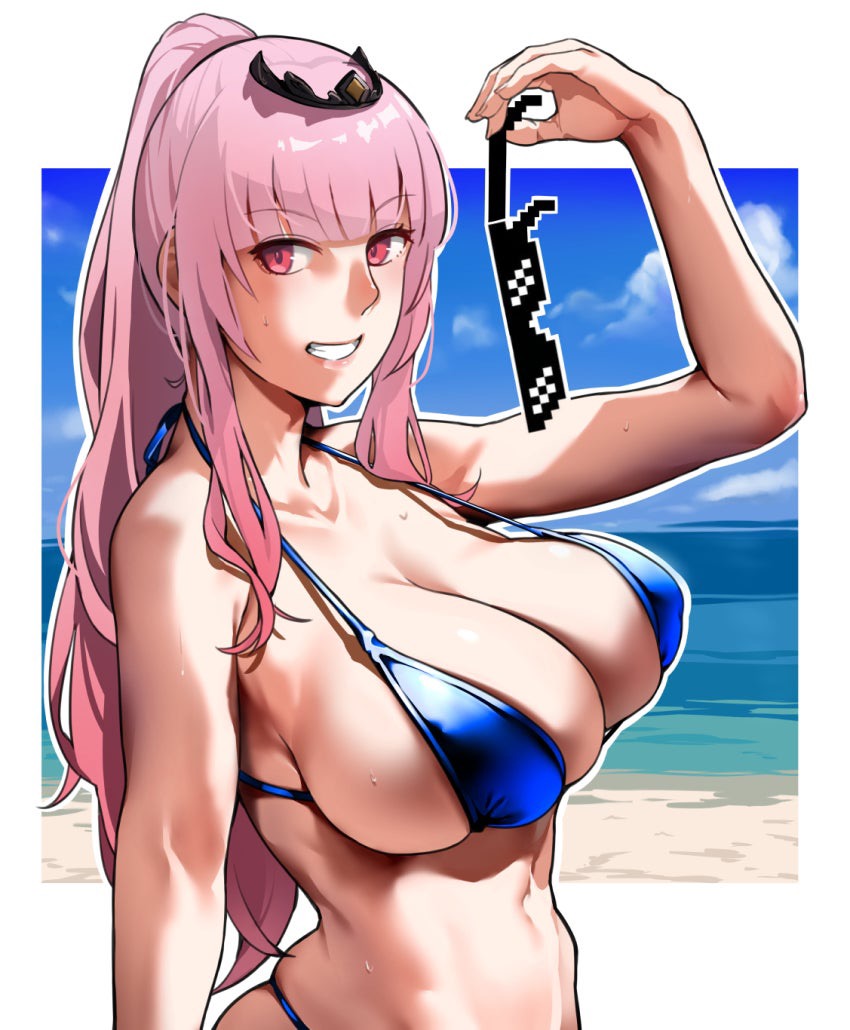 1girls 2021 bakkanki beach big_breasts bikini bikini_top blue_bikini blue_bikini_bottom blue_bikini_top blush breasts cleavage collarbone crown deal_with_it eyebrows_visible_through_hair eyewear_removed female female_focus female_only grin highres hololive hololive_english hololive_myth large_breasts long_hair looking_at_viewer mori_calliope navel ocean outline pink_eyes pink_hair ponytail smile solo solo_female sunglasses swimsuit virtual_youtuber wet white_outline