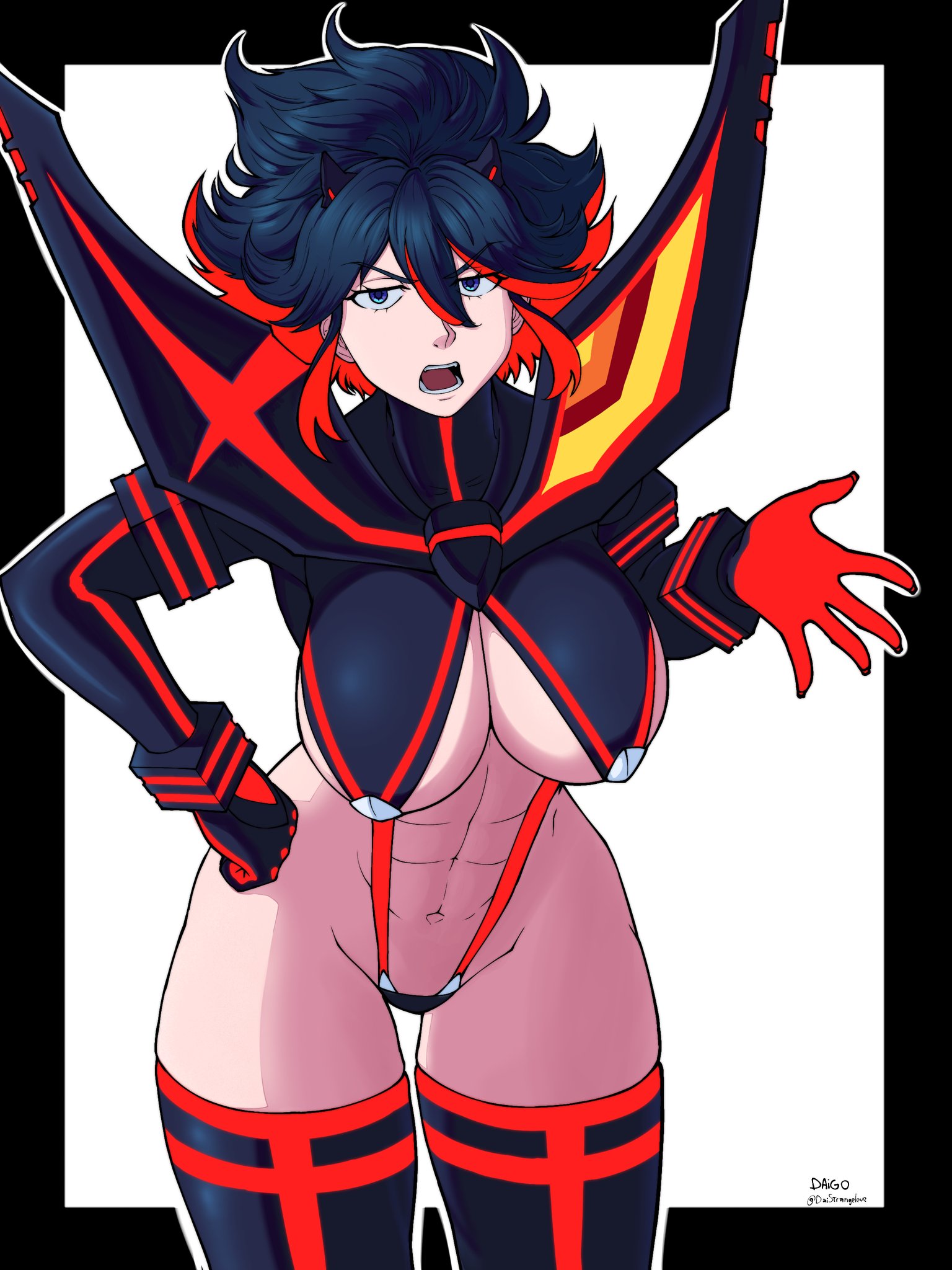 1girls, artist name, artist request, black hair, black-haired female, blue eyes, border, breasts, daistrangelove, kill la kill, large breasts, looking at viewer, matoi ryuuko, multicolored hair, navel, open mouth, red hair, revealing clothes, senketsu, short hair, solo, streaked hair, suspenders, thighhighs, thighs, two-tone hair, underboob