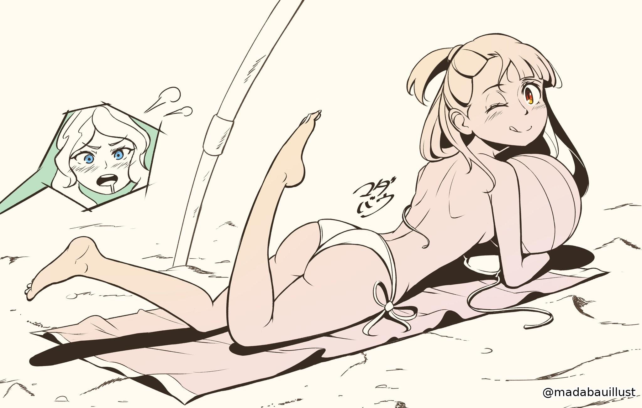 ;), 1girls, 2d, 2d (artwork), 2d artwork, almost naked, almost nude, anime, anime character, ankles, asian, asian female, asian girl, ass, ass cleavage, ass crack, atsuko kagari, back, background, bare arms, bare ass, bare back, bare butt, bare calves, bare hands, bare hips, bare knees, bare legs, bare shoulders, bare skin, bare soles, bare thighs, bare toes, barefoot, beach, beach background, beach setting, bikini, bikini bottom, bikini only, bikini top, blank background, blue eyes, blue-eyed female, blush face, blush lines, blushing, blushing at viewer, blushing female, blushing lines, breasts, british, british female, british girl, butt, calves, closed mouth smile, curvaceous, curvaceous body, curvaceous female, curvaceous figure, curvaceous hips, curvaceous teenager, curvy, curvy ass, curvy body, curvy female, curvy figure, curvy hips, curvy teen, diana cavendish, digital, digital art, digital drawing, digital drawing (artwork), digital media, digital media (artwork), drawing, elbows, european, european female, european girl, exposed, exposed arms, exposed ass, exposed back, exposed butt, exposed hips, exposed legs, exposed shoulders, exposed skin, exposed thighs, exposed toes, eye closed, fanart, feet, female, female focus, female only, flushed, flushed face, foot up, full body, gluteal fold, groin, halterneck, head tilt, japanese, japanese female, japanese girl, knees, landscape, lean figure, leg lift, leg up, legs, lifting legs, little witch academia, long hair, looking at viewer, looking back, looking back at viewer, lying, lying down, lying on breasts, lying on floor, lying on ground, lying on stomach, madabauillust, median furrow, medium breasts, monotone background, mostly nude, multicolored hair, naked, naked female, naked woman, narrow waist, nearly nude, no shoes, nude, nude female, nudity, on breasts, on floor, on stomach, one color background, one eye closed, one eye open, outdoor, outdoor background, outdoor nudity, outdoors, outside, outside nudity, plain background, ponytail, practically nude, red eyes, red-eyed female, short ponytail, shoulder blades, shoulders, side-tie bikini, sideboob, slender body, slender waist, slim female, slim waist, smile, smiley face, smiling, smiling at viewer, soles, solid color background, solo, split-color hair, string bikini, studio trigger, summer setting, swimsuit, swimwear, teen girl, teenage female, teenage girl, teenager, thick ass, thick butt, thighs, tied hair, tilted head, toes, tongue, tongue out, two tone hair, two-tone hair, wavy hair, white background, white bikini, white bikini bottom, white bikini top, white swimsuit, white swimwear, wide hips, wink, winking, winking at viewer, winking eye, witch, young female, young woman