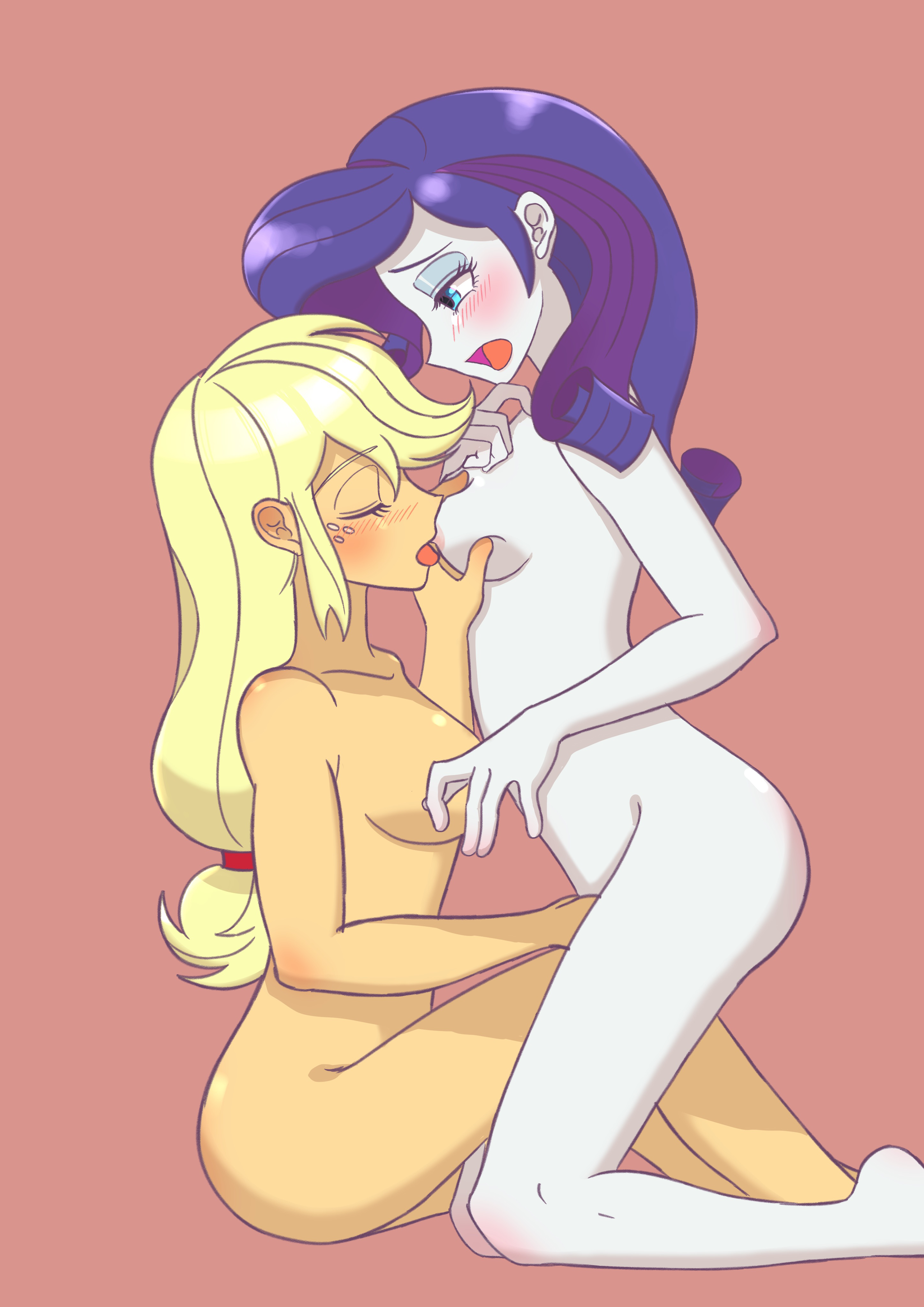 2girls, applejack (eg), applejack (mlp), blonde hair, blue eyes, blush, breasts, equestria girls, eyes closed, female, fingering, friendship is magic, gary original bar, haibaratomoe, hasbro, my little pony, naked, nipple play, nipples, nude, open mouth, purple hair, rarity (eg), rarity (mlp), sideboob, smooth skin, sucking nipples, white skin, yuri