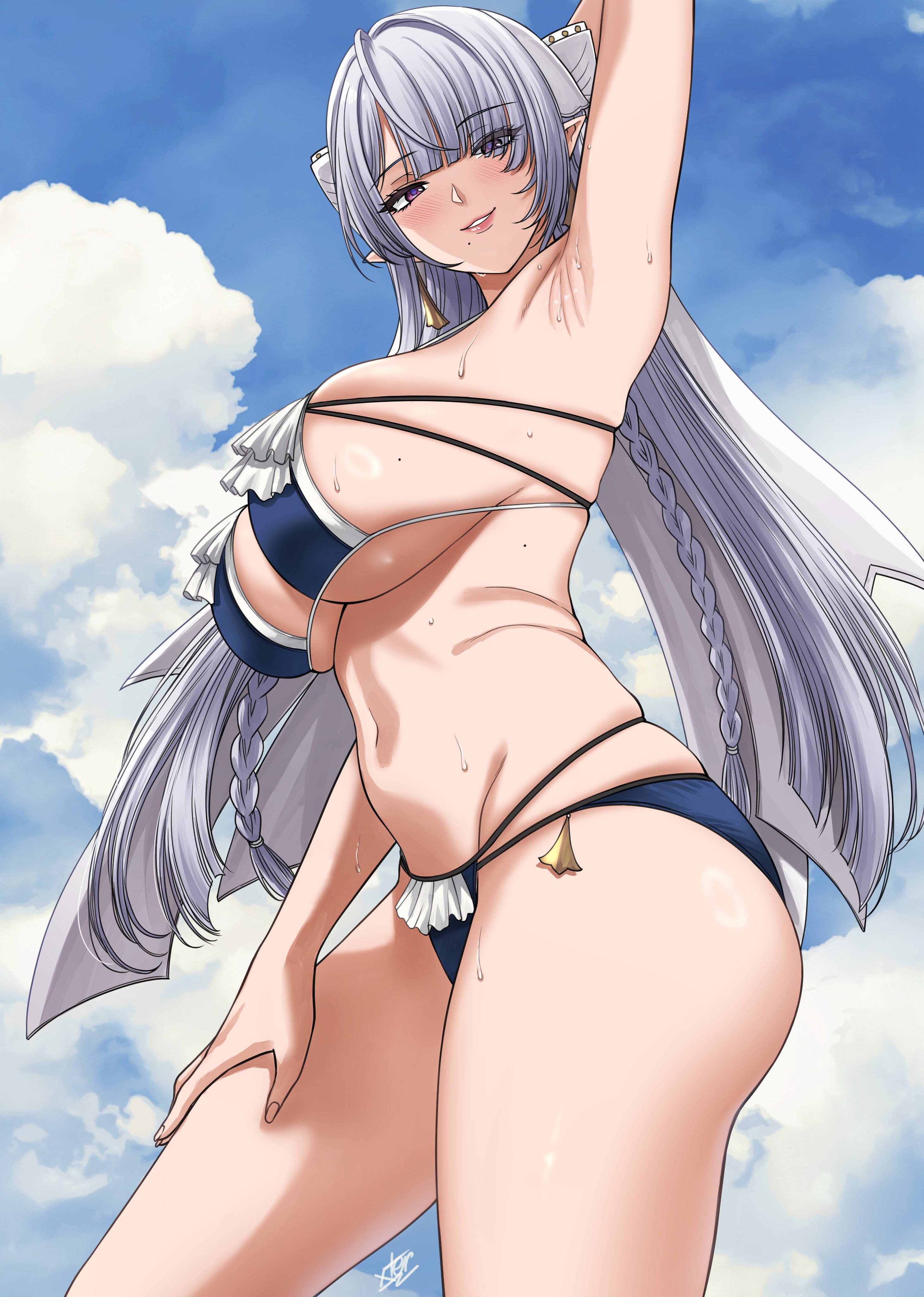 absurdres, arm behind head, arm up, armpits, bare shoulders, bikini, blush, breasts, cleavage, commentary, grey hair, hair over one eye, highres, large breasts, long hair, looking at viewer, mole, mole under mouth, navel, pointy ears, purple eyes, sideboob, smile, solo, stomach, swimsuit, thighs, velina airgid, xter, xtermination, zenless zone zero