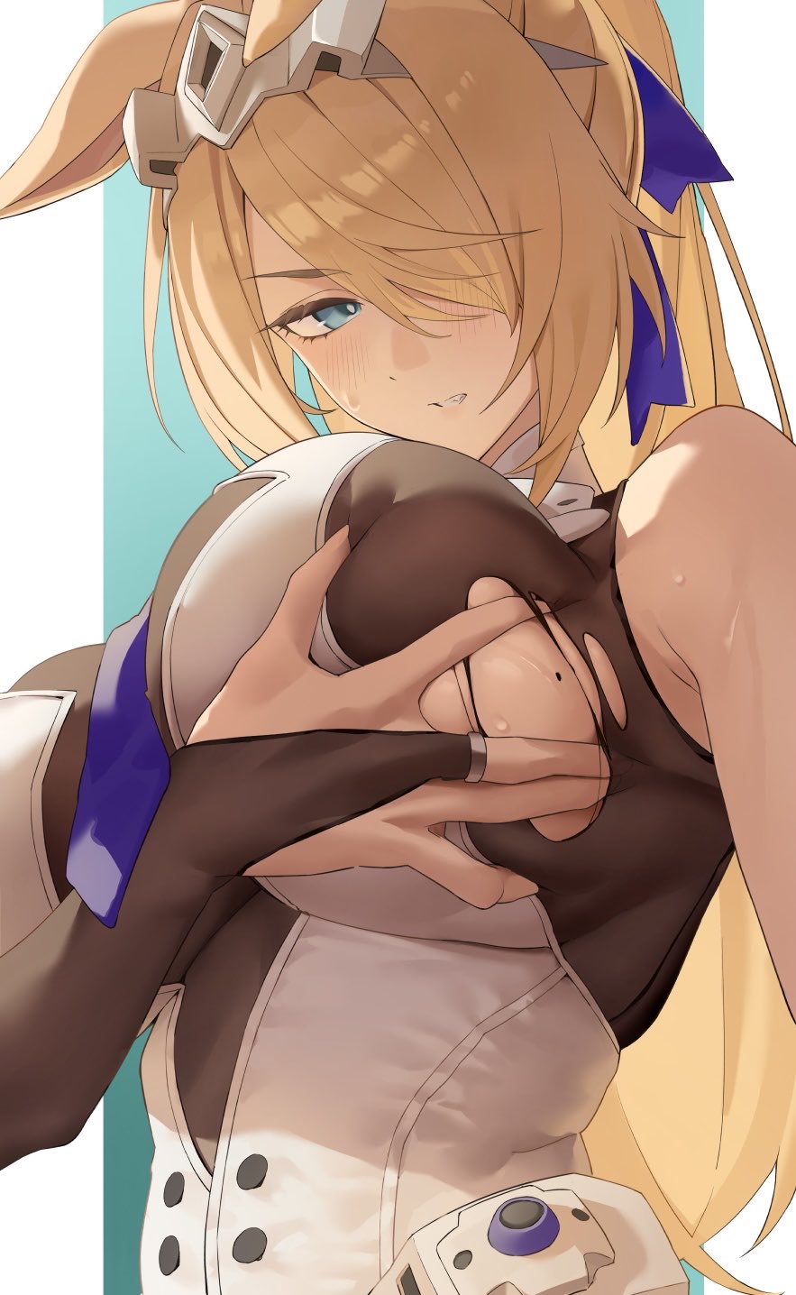 1girl animal_ears black_leotard blonde_hair blue_background blue_eyes blush border breasts clenched_teeth commentary_request female female_only highres horse_ears horse_girl leotard long_hair mole mole_on_breast naig_(naiji) sigrid_(zenless_zone_zero) sigrid_de_l'azur solo sweat teeth torn_clothes torn_leotard very_long_hair white_border zenless_zone_zero