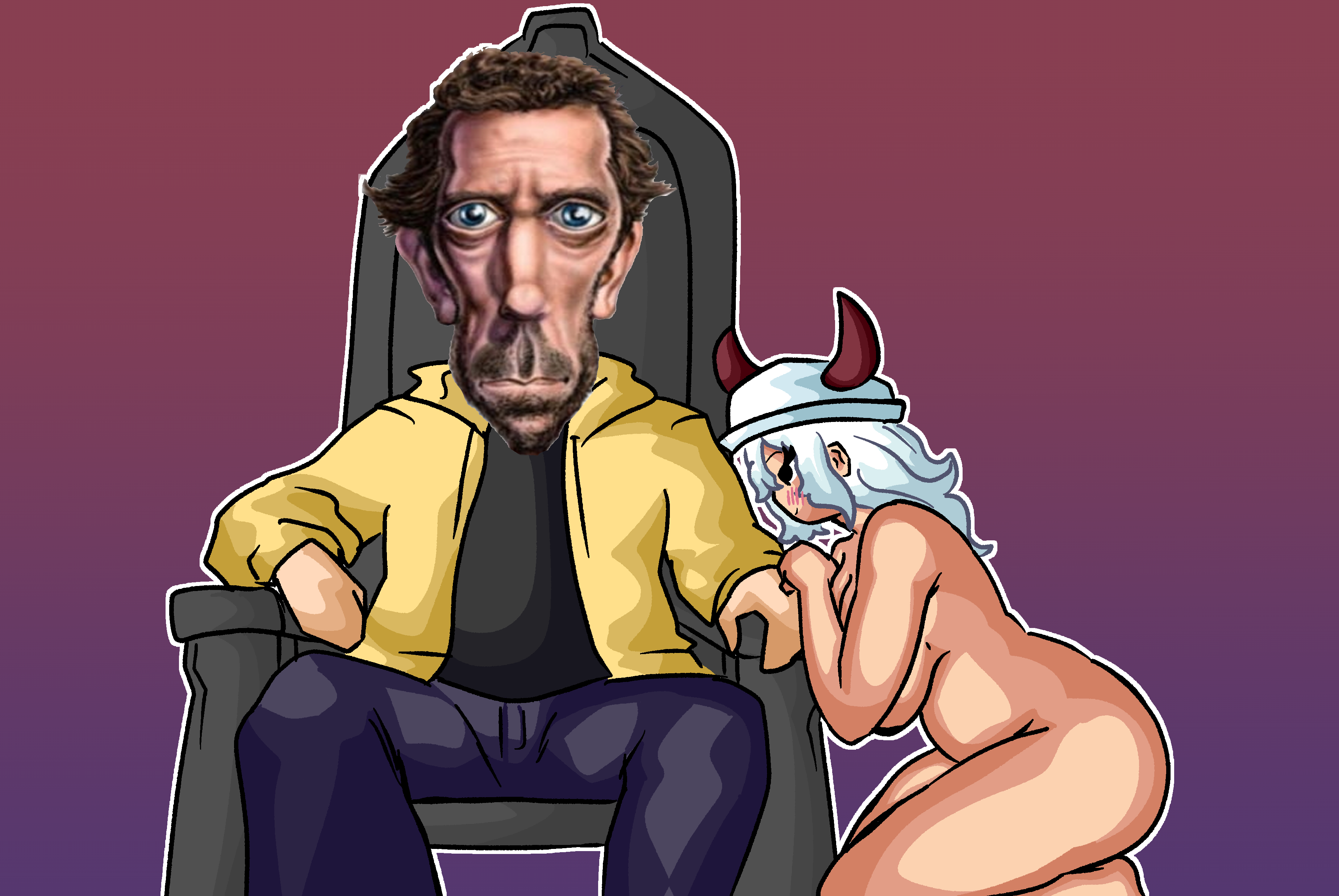 1boy, 1boy1girl, 1girl, ass, black eyes, black shirt, blush, blushing, blushing female, breasts, chetoh, clothed, clothed male, clothed male nude female, commission, commissioner upload, distorted, female, frown, frowning, frowning at viewer, funny, funny face, gradient background, gregory house, hair, hat, hat only, horns, house (series), jacket, jeans, kneeling, kneeling female, looking at viewer, looking down, no visible genitalia, roblox, roblox avatar, robloxian, shirt, sideboob, sitting, sitting on throne, thighs, throne, what, white hair, white hat, yellow jacket (clothing)