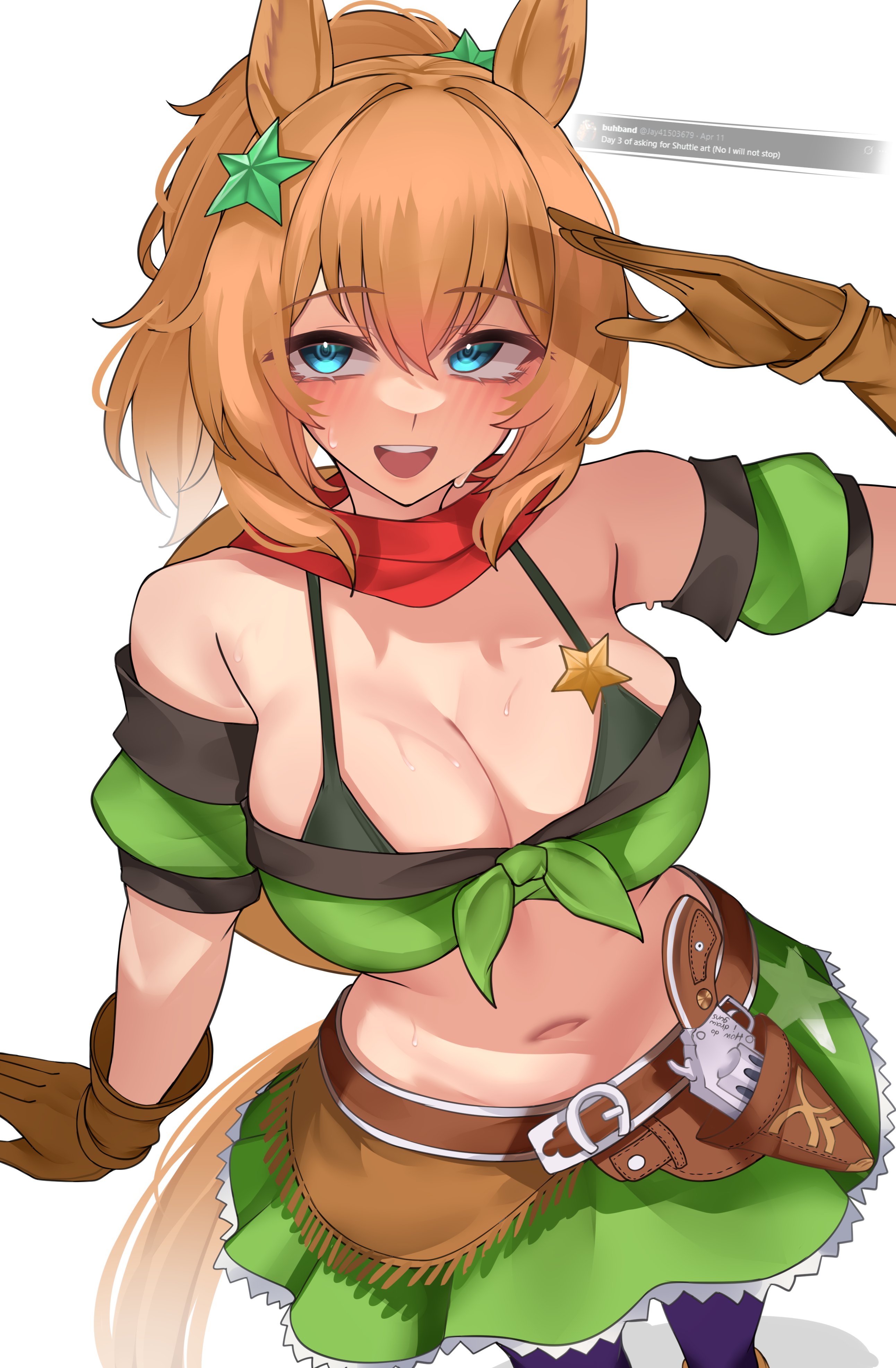 0ha, 1girls, absurdres, bare belly, bare shoulders, belly button, belt, blonde hair, blue eyes, blush, breasts, busty, cleavage, cowboy hat, female, gloves, gun, hair ornament, happy, hat on back, hi res, highres, holster, holstered weapon, horse ears, horse girl, large breasts, leather belt, leather gloves, open mouth, red scarf, revolver, salute, sheriff badge, smile, sweat, sweatdrop, taiki shuttle (umamusume), taiki shuttle (wild frontier) (umamusume), umamusume, umamusume pretty derby, xkittyzx
