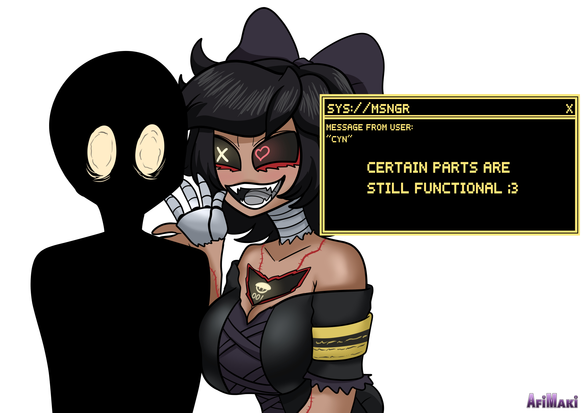 afimaki, anon, black hair, bow ribbon, breast squeeze, breasts, brown skin, cyn (murder drones), cyntessa (murder drones), dialogue, fangs, female, fully clothed, glitch productions, heart eyes, male, murder drones, open mouth, robot, robot girl, robot humanoid, scared, sharp teeth, text, tongue, whispering, whispering into ear, white background