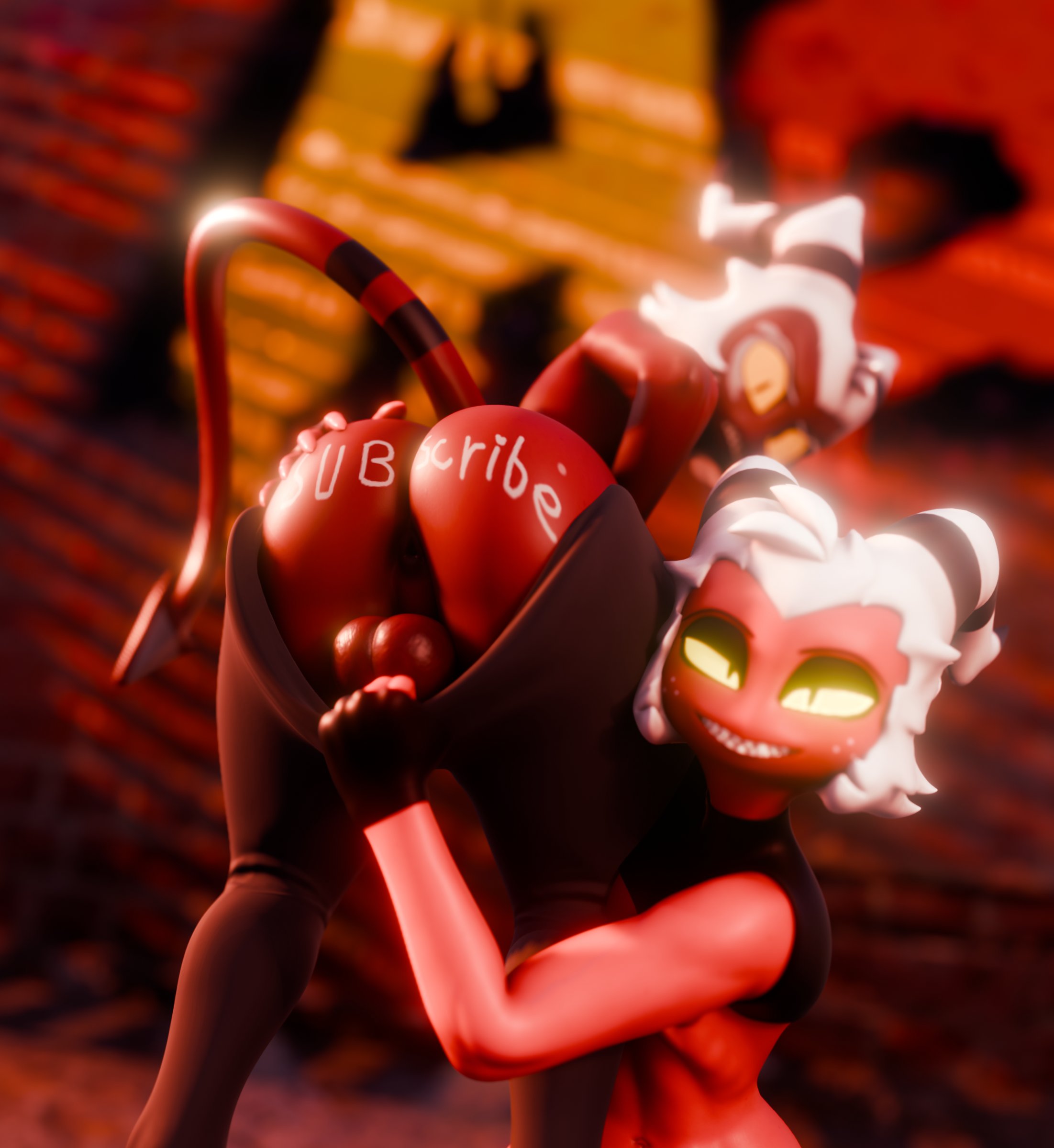 advertisement, alley, angry face, balls, blender, body writing, crimson (helluva boss), doomfella, exhibitionism, fat ass, father, father and son, femboy, femboy dilf, hellaverse, helluva boss, horns, looking annoyed, looking at viewer, looking back, moxxie (helluva boss), public nudity, pulling down pants, small penis, smiling at viewer, son, tail, text on body