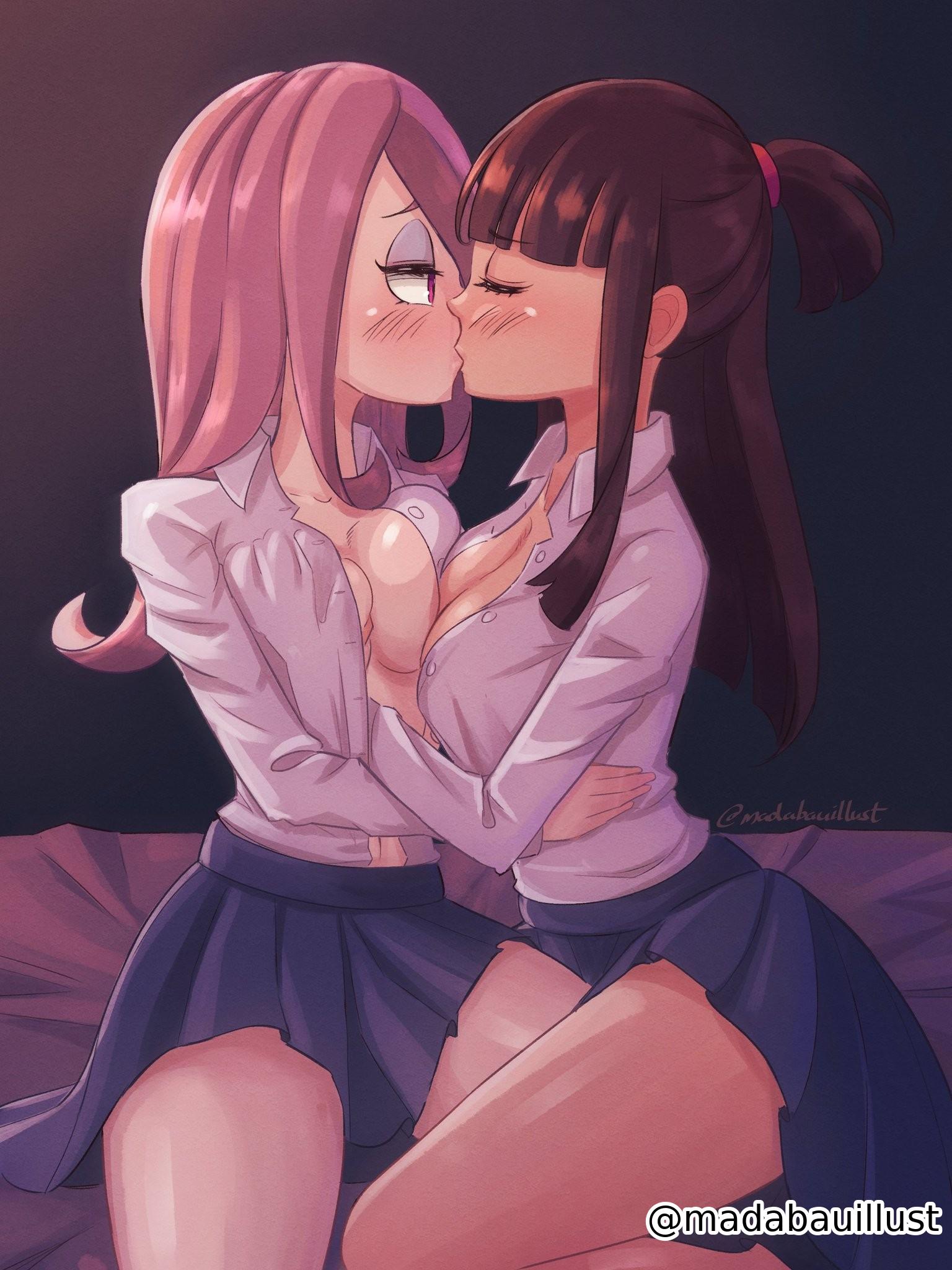 2d, 2d (artwork), 2d artwork, 2girls, anime, anime character, asian, asian female, asian girl, asymmetrical bangs, atsuko kagari, blue skirt, blunt bangs, blush face, blush lines, blushing, blushing at another, blushing at partner, blushing female, blushing lines, boob grab, breast grab, breast press, breast press on chest, breast squeeze, breasts, breasts press, breasts pressed against another, breasts pressed against partner, breasts pressed together, brown hair, brown-haired female, busty, busty female, busty girl, busty teen, busty teenager, caressing breasts, cleavage, closed eyes, collarbone, digital, digital art, digital drawing, digital drawing (artwork), digital media, digital media (artwork), drawing, duo, eyebrows visible through hair, eyeliner, fanart, female, female focus, female kissing female, female on female, female only, female with female, female/female, fingers, flushed, flushed face, fondling, fondling breasts, grabbing breast, grabbing breasts, grabbing tits, grope, groping, groping breast, groping breasts, groping chest, hair covering eye, hair over eye, hair over one eye, homosexual, homosexual female, japanese, japanese female, japanese girl, kiss, kissing, large breasts, large breasts lesbian, lean figure, lesbian, lesbian focus, lesbian kiss, lesbian only, lesbian pleasure, lesbians, lesbians naked, little witch academia, long hair, madabauillust, medium breasts, multiple females, multiple girls, mutual yuri, naked shirt, narrow waist, open clothes, open clothing, open shirt, open topwear, parted bangs, pink eyes, pink-eyed female, ponytail, portrait, pressing breast on partner, pressing breasts, pressing breasts together, profile, purple hair, purple-haired female, red eyes, red-eyed female, school girl, school girls, schoolgirl, shirt, short ponytail, shoulders, sidelocks, sitting, skirt, slender body, slender waist, slim female, slim waist, south asian, south asian female, squeezing breast, squeezing breasts, studio trigger, sucy manbavaran, teen girl, teenage female, teenage girl, teenage tits, teenager, thick thighs, thighs, tied hair, touching breast, touching breasts, unbuttoned, unbuttoned shirt, upper body, white pupils, white shirt, white topwear, wide hips, witch, young female, young woman, yuri, yuri kiss