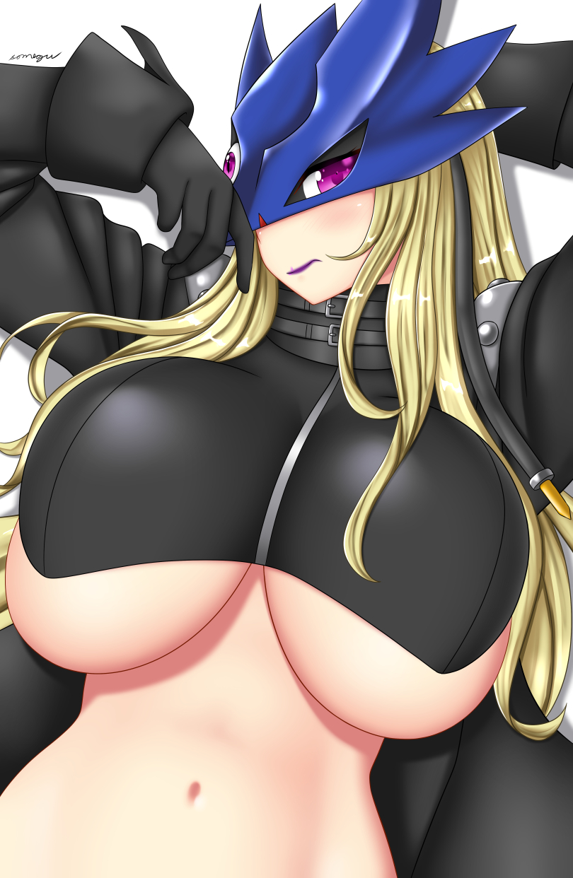 1girls 3_eyes beelstarmon blonde_hair breasts digimon female gloves huge_breasts large_breasts leather leather_jacket lipstick long_hair looking_at_viewer mask multi_eye navel purple_eyes revealing_clothes somegu underboob