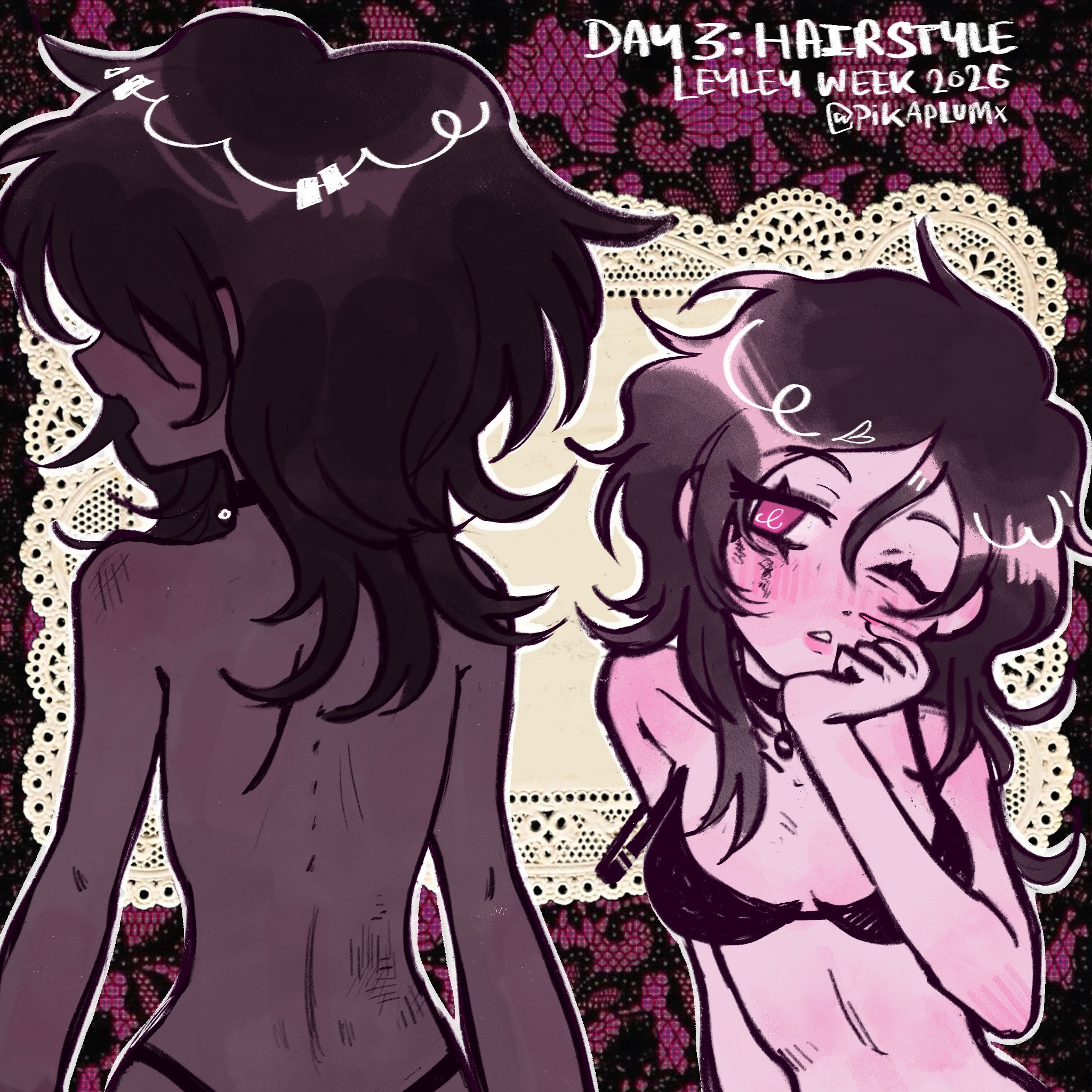 1girls, 2d, alternate version available, ashley graves, back, black hair, bra, breasts, female, female only, one eye closed, pink eyes, scooub, solo, solo female, the coffin of andy and leyley, topless
