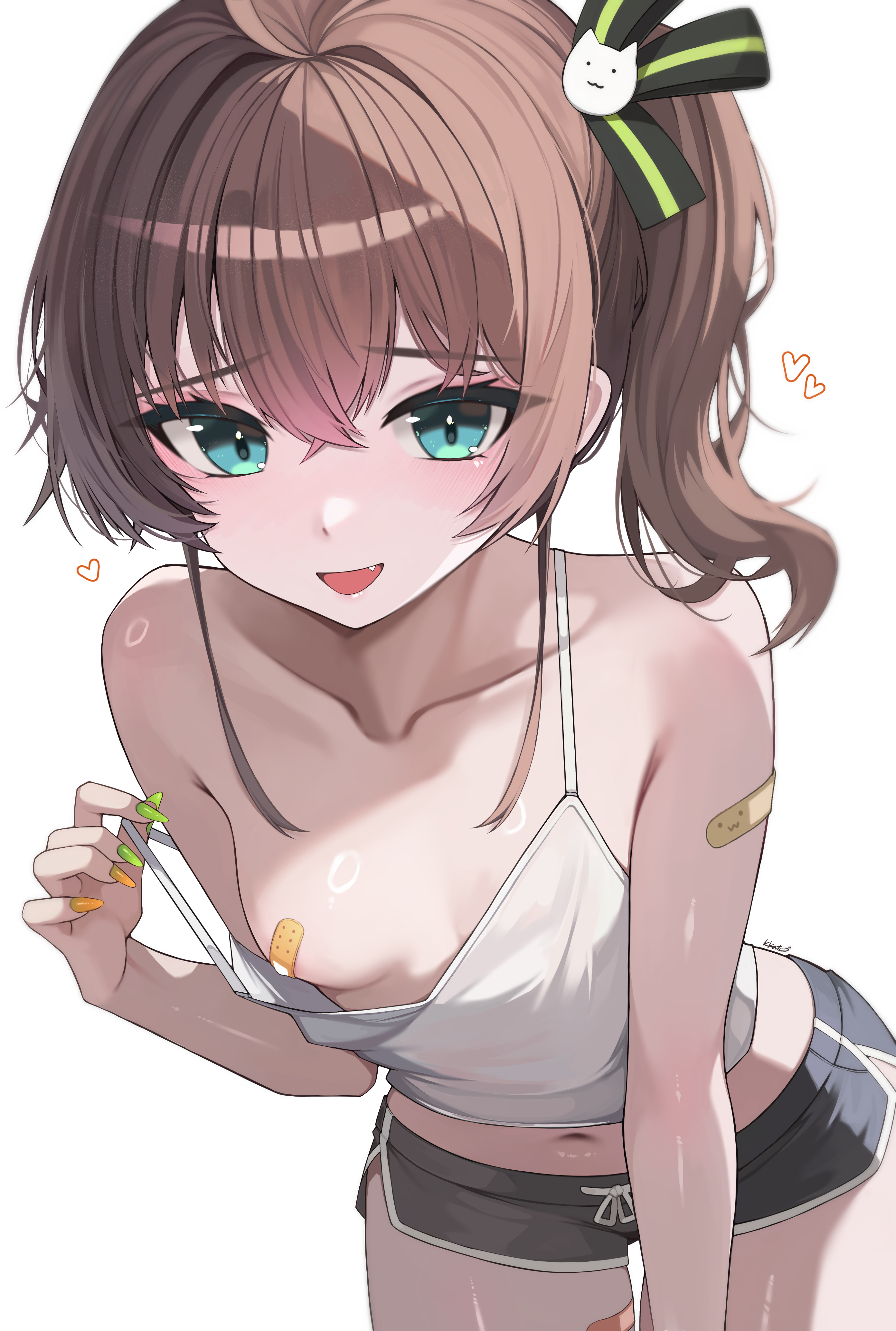 1girls, bare shoulders, belly button, blush, booty shorts, breasts out, brown hair, female, female focus, female only, high resolution, highres, hololive, kkato, leaning, leaning forward, looking at viewer, loose clothes, natsuiro matsuri, nipple pasties, open mouth, pasties, revealing breasts, shirt, small breasts, smile, solo, standing, stomach, tank top, teal eyes, thighs, tied hair, virtual youtuber, white background