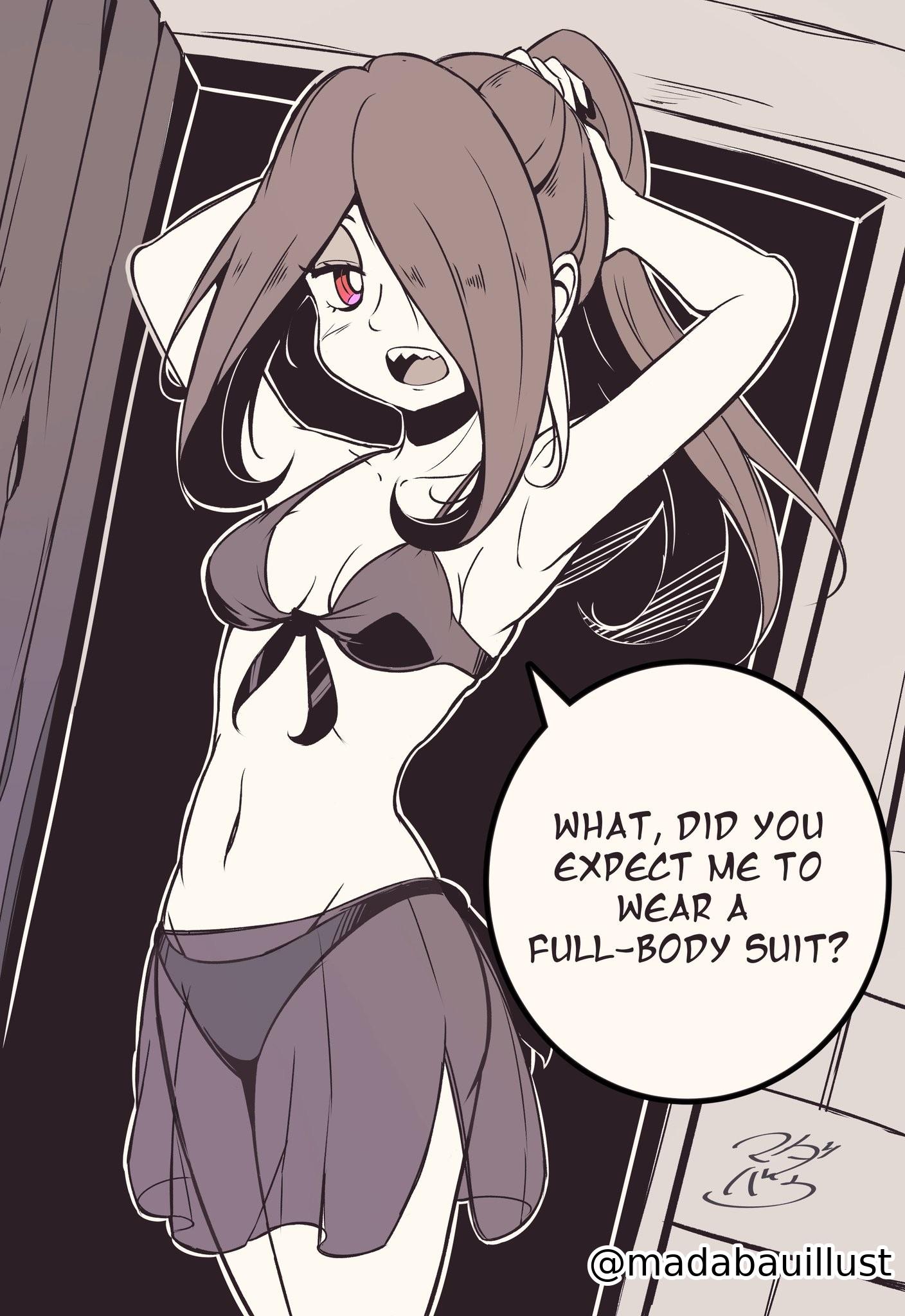 1girls, 2d, 2d (artwork), 2d artwork, almost naked, almost nude, alternative hairstyle, anime, anime character, arm behind head, armpit, armpit crease, armpit peek, armpits, arms behind head, asian, asian female, asian girl, average breasts, bare armpits, bare arms, bare belly, bare hands, bare midriff, bare navel, bare shoulders, bare skin, belly, belly button, bikini, bikini bottom, bikini only, bikini top, black and white, breasts, breasts apart, collarbone, curvaceous, curvaceous body, curvaceous female, curvaceous figure, curvaceous hips, curvaceous teenager, curvy, curvy body, curvy female, curvy figure, curvy hips, curvy teen, dialogue, dialogue bubble, dialogue speech bubble, digital, digital art, digital drawing, digital drawing (artwork), digital media, digital media (artwork), drawing, elbows, english, english dialogue, english text, exposed, exposed armpits, exposed arms, exposed belly, exposed chest, exposed midriff, exposed navel, exposed shoulders, exposed skin, eyeliner, fanart, female, female focus, female only, from front, front view, front-tie bikini, front-tie bikini top, greyscale, groin, hair covering eye, hair over eye, hair over one eye, hairless armpits, halterneck, hand behind head, hands behind head, indoor, indoor background, indoors, inframammary fold, inguinal crease, inguinal ligament, interior background, lean figure, legs closed, legs together, little witch academia, long hair, looking at viewer, madabauillust, medium breasts, midriff, monochrome, narrow waist, navel, open mouth, parted bangs, parted lips, petite, petite body, petite breasts, petite female, petite girl, petite tits, pink eyes, pink-eyed female, ponytail, portrait, presenting armpit, purple hair, purple-haired female, shaved armpits, shoulders, sidelocks, slender body, slender waist, slim female, slim waist, solo, south asian, south asian female, speaking, speaking to viewer, standing, string bikini, studio trigger, sucy manbavaran, swimsuit, swimwear, talking, talking to viewer, teen girl, teenage female, teenage girl, teenager, text, text bubble, thighs, thighs together, tied hair, tongue, top view, upper body, upper teeth, white pupils, wide hips, witch, young female, young woman