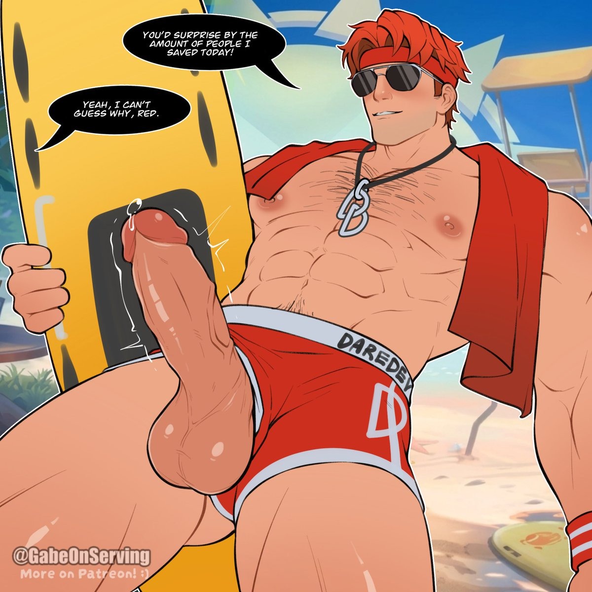 ballsack, bara, beach, beach background, big breasts, big penis, clothing lift, cock, cock worship, daddy, daredevil, daredevil (marvel rivals), dialogue, dick, gabeonserving, gay, ginger, ginger hair, lifeguard, male, male only, marvel, marvel rivals, muscular, muscular male, nipples, penis slip, presenting, presenting penis, solo, solo male, surfboard, text, text bubble, veiny, veiny penis