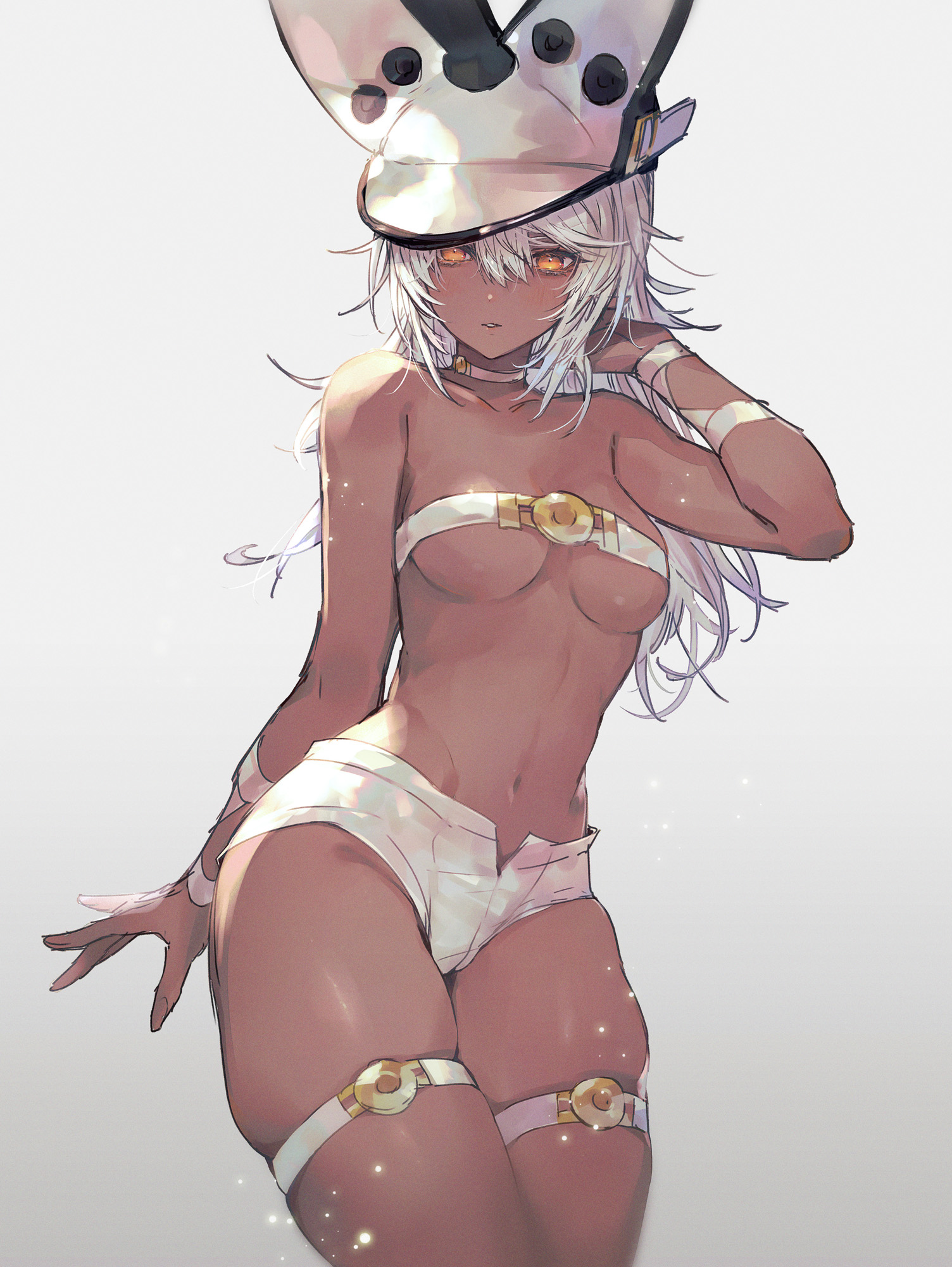 1girls, bandeau, blush, breasts, brown skin, female, female only, guilty gear, guilty gear xrd, hat, highres, long hair, oro (sumakaita), ramlethal valentine, shorts, thick thighs, thigh strap, thighs, underboob, white hair, white shorts, yellow eyes