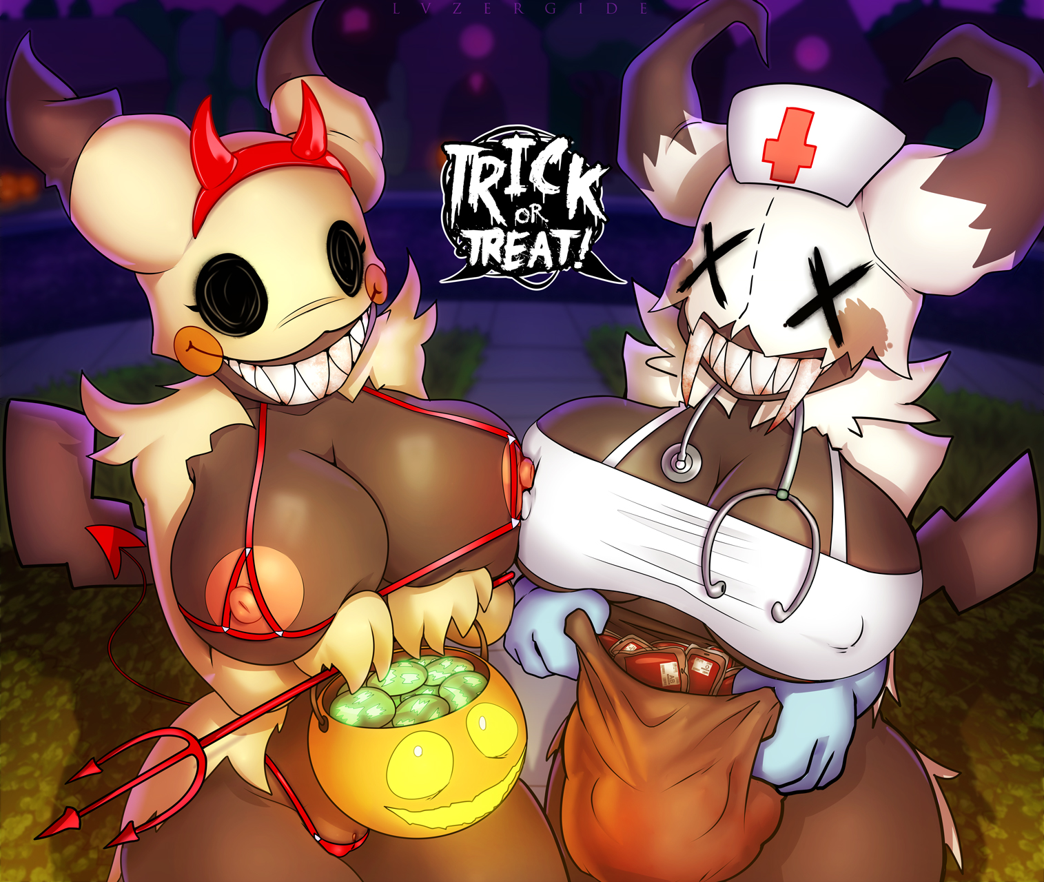 2021, big breasts, breasts, clothing, dialogue, duo, english text, female, genitals, halloween, hi res, holidays, huge breasts, lysergide, mimikyu, nintendo, nipple outline, nipples, pokémon (species), pokemon, pokemon (species), pussy, text, video games