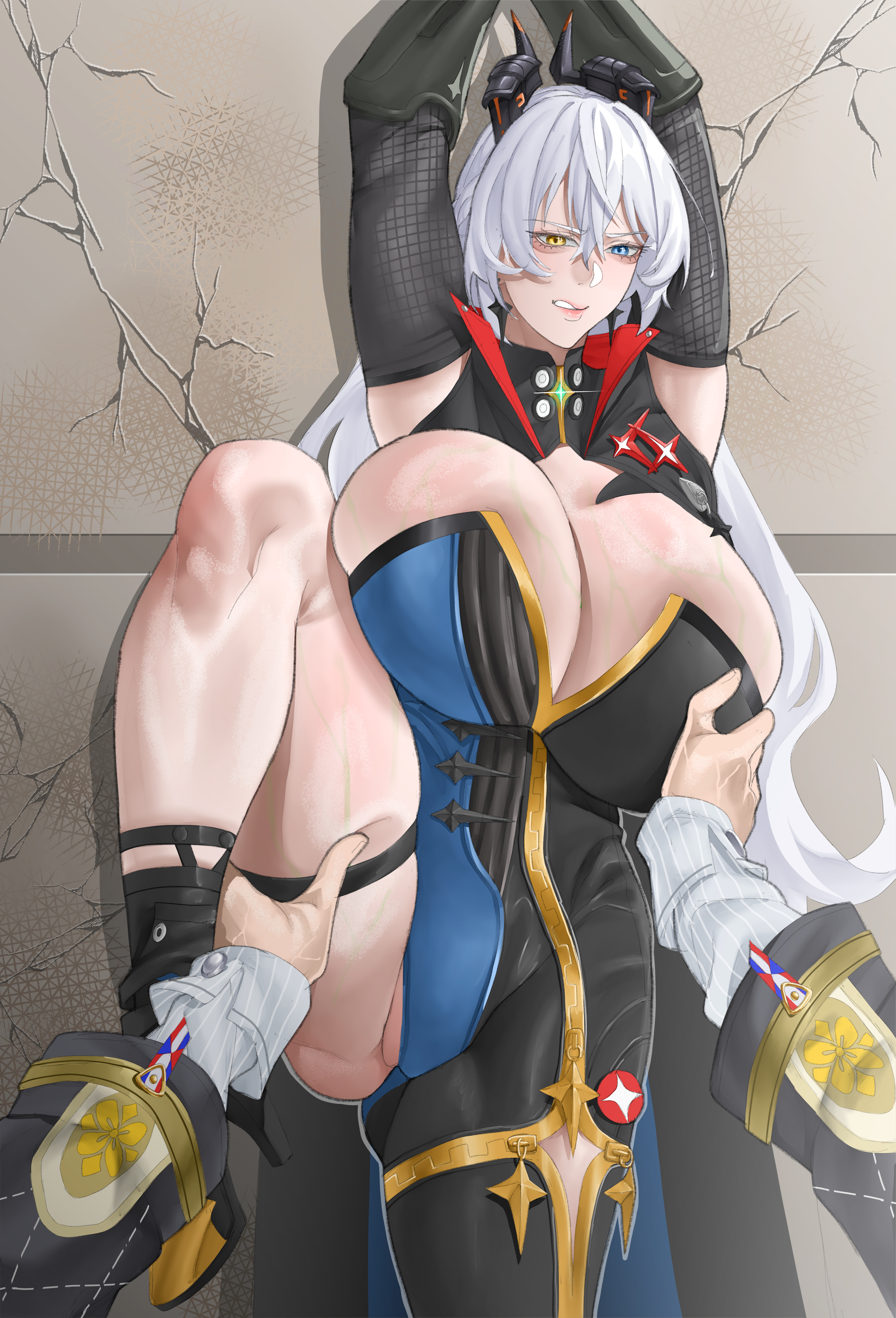 1boy, 1girl, absurdres, alternate breast size (larger), arms up, aurelia academy school uniform, black bodysuit, black gloves, black horns, black shoes, blue bodysuit, blue eyes, bodysuit, breasts, commentary, elbow gloves, eldreda sunbringer, gloves, grabbing another's breast, grabbing another's thighs, grey hair, groping, groping breasts, hair between eyes, heterochromia, high heels, highres, horns, huge breasts, long hair, looking at viewer, male pov, mechanical horns, multicolored bodysuit, official alternate costume, parted lips, pov, pov hands, rahizu5, school uniform, shoes, single leg bodysuit, solo focus, thick thighs, two-tone bodysuit, wise (oath of skies) (zenless zone zero), wise (zenless zone zero), yellow eyes, zenless zone zero